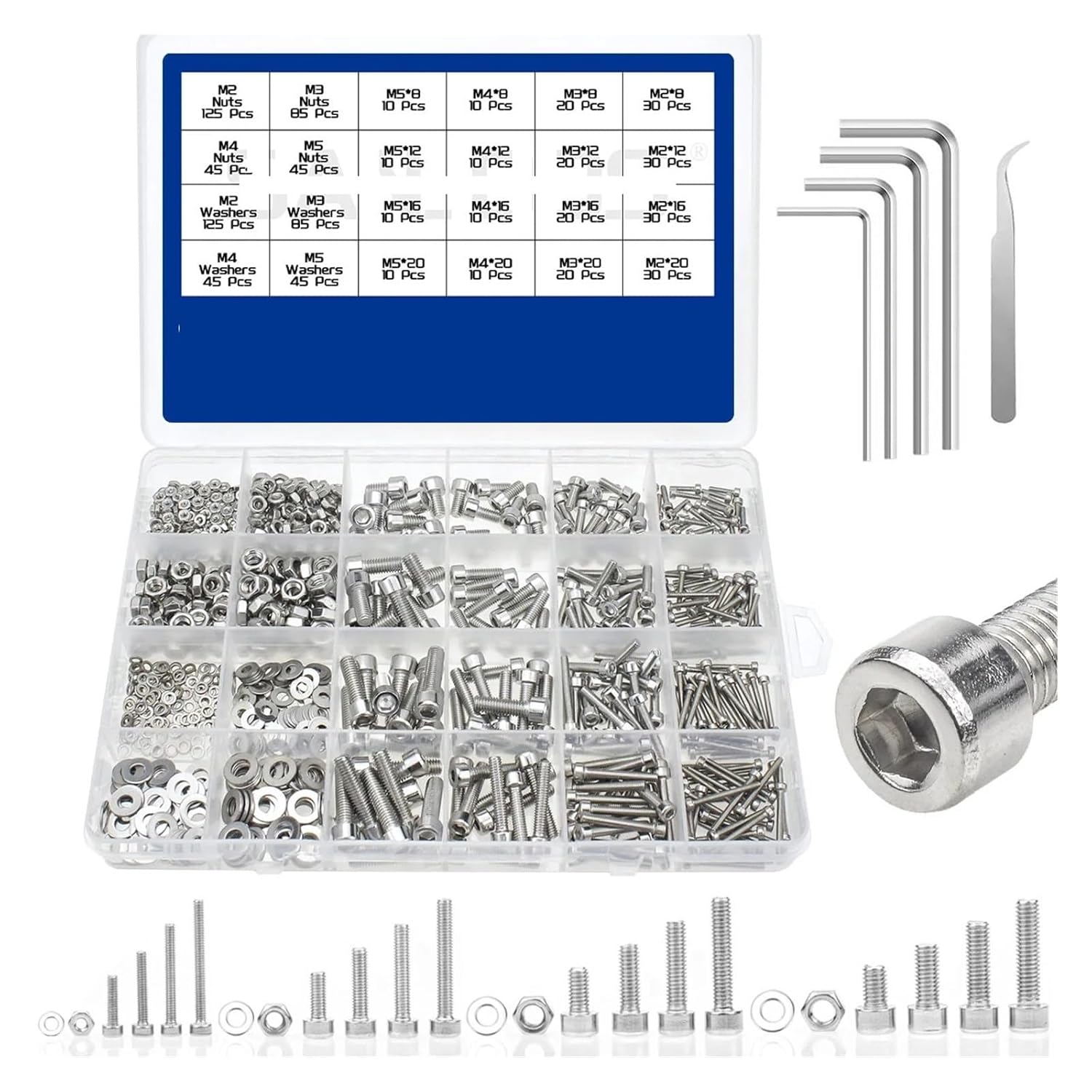 Compatible for 880Pcs Hexagon Hex Socket Head Cap Screw Set M2 M3 M4 M5 Stainless Steel Nuts & Washer Assortment Kit
