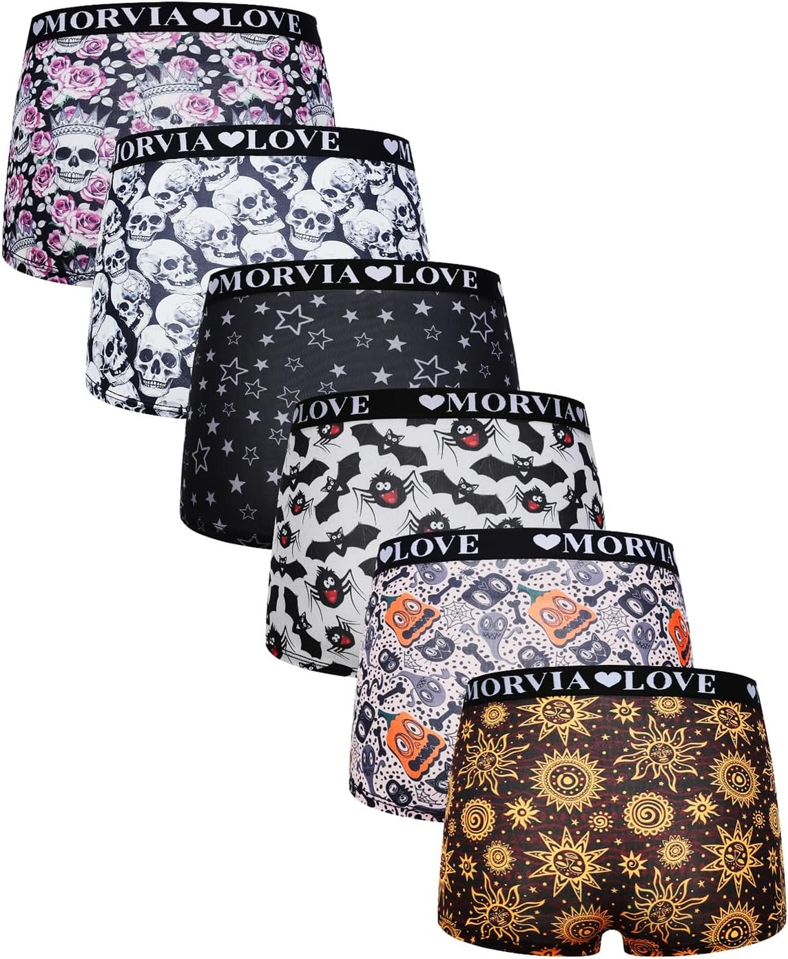 Morvia 6 Pack Gothic Halloween Print Boyshorts, High Waist Variety Underwear with Elastic Band, Skull Rose Stars Pattern - Image 8