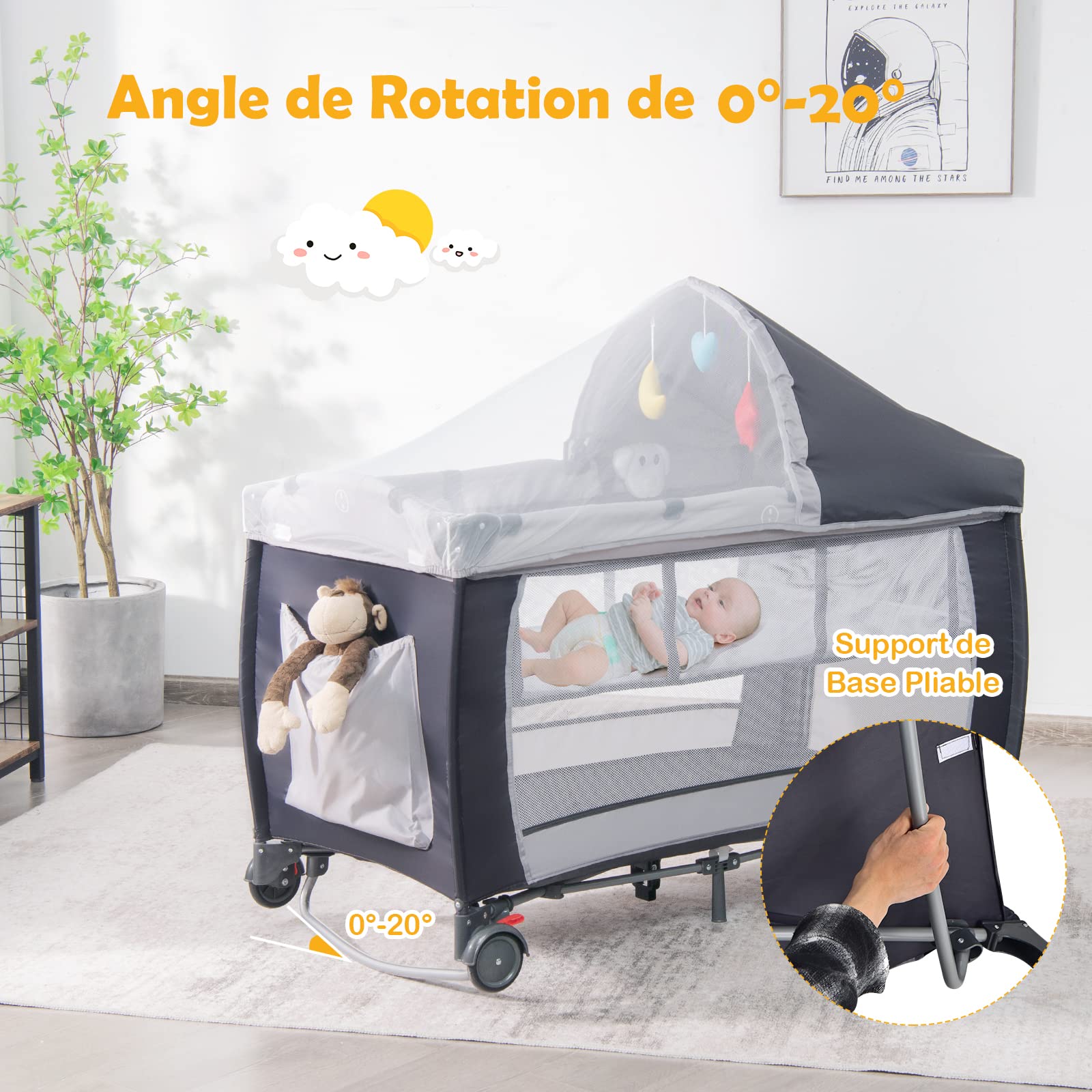 COSTWAY 4 en 1 Lit Parapluie, Parc pour Bébé avec Matelas, Moustiquaire, Entrée Latérale, Sac à Jouets, Boîte à Musique, Table à Langer, Facile à Plier, 0-36 Mois, 120 x 60 x 72 cm (Gris)