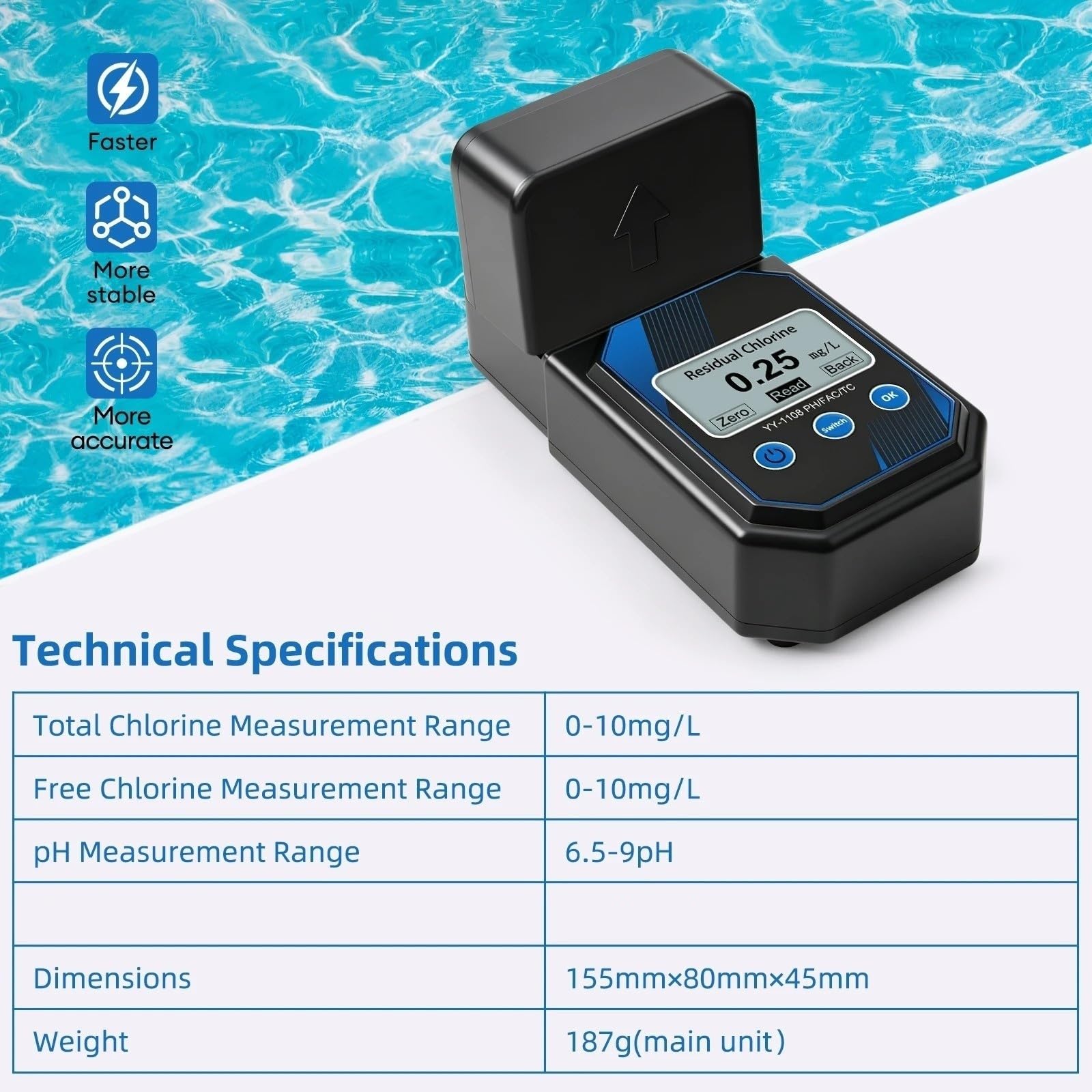 Analizador de calidad del agua de piscina 3 en 1, medidor de cloro Total de Ph, cloro