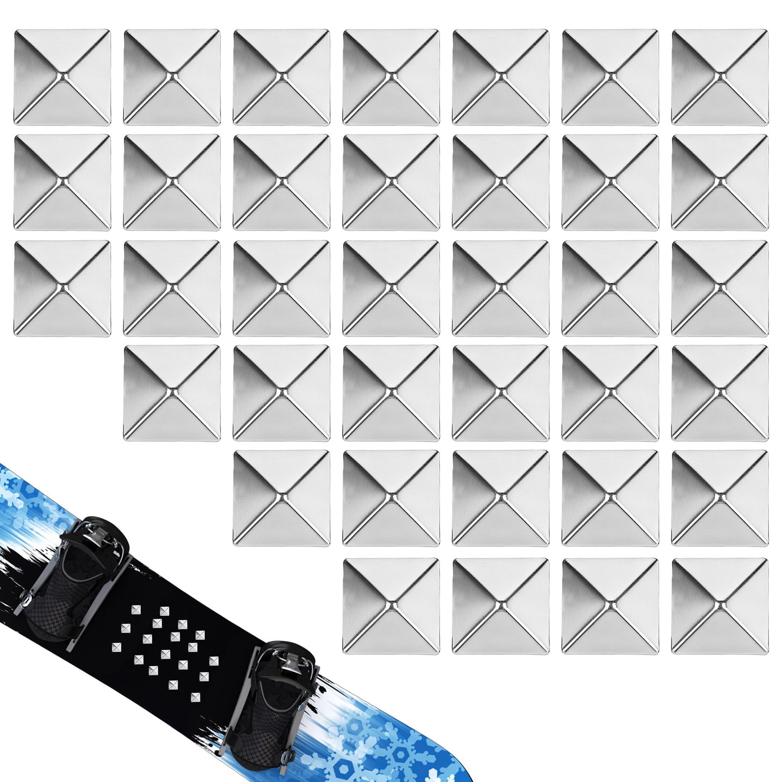 Fukaisu 36pcs Pyramid Studs Snowboard Stomp Pad, Anti-Skid Self Adhesive Stomp Pad Snowboarding Metal Snowboard Grip Mat Provides Extra Grip for Winter Sport Ski Skiing Women Men