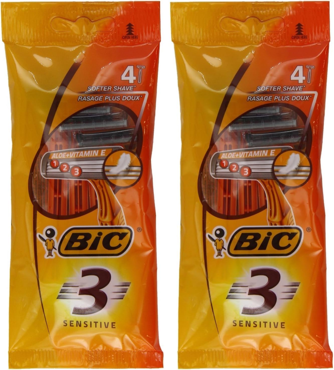 BIC 3 Sensitive Erkek Tıraş Bıçağı 4'lü Poşet (1 x 4 Adet), 3 Bıçaklı, Aloe Vera ile Zenginleştirilmiş Kayganlaştırıcı Jel Şerit 2li paket