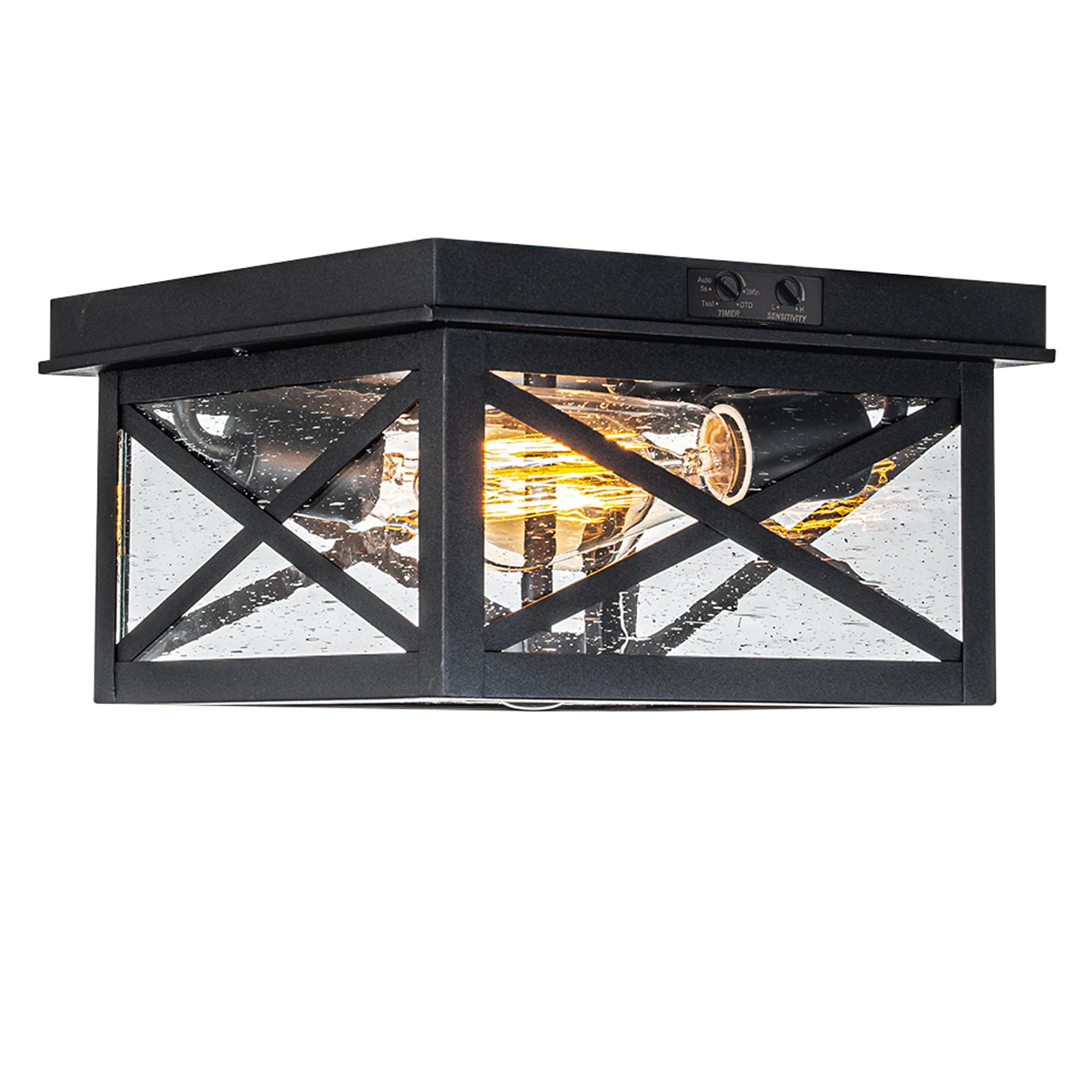 FTL Plafoniera Esterno con Sensore di Movimento, Portico Lampada da Soffitto Sensore Crepuscolare con Vetro a Bolle, E27 Nero Esterno Luce Sensore Movimento a 2 Luci per Garage Giardino, Impermeabile