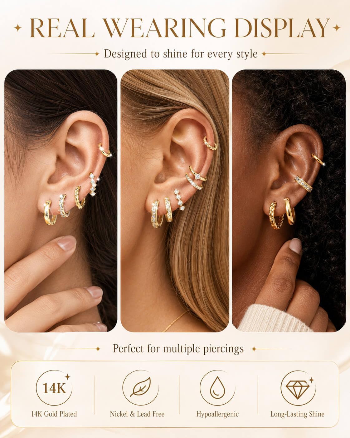 Nunpag 9 Pairs 14K Gold Plated Chunky Huggie Hoop Earrings Set for Women Hypoallergenic Stainless Steel Lightweight Small Earring Stacks for Multiple Piercings Non Tarnish Jewelry Gift Twisted 8-12mm