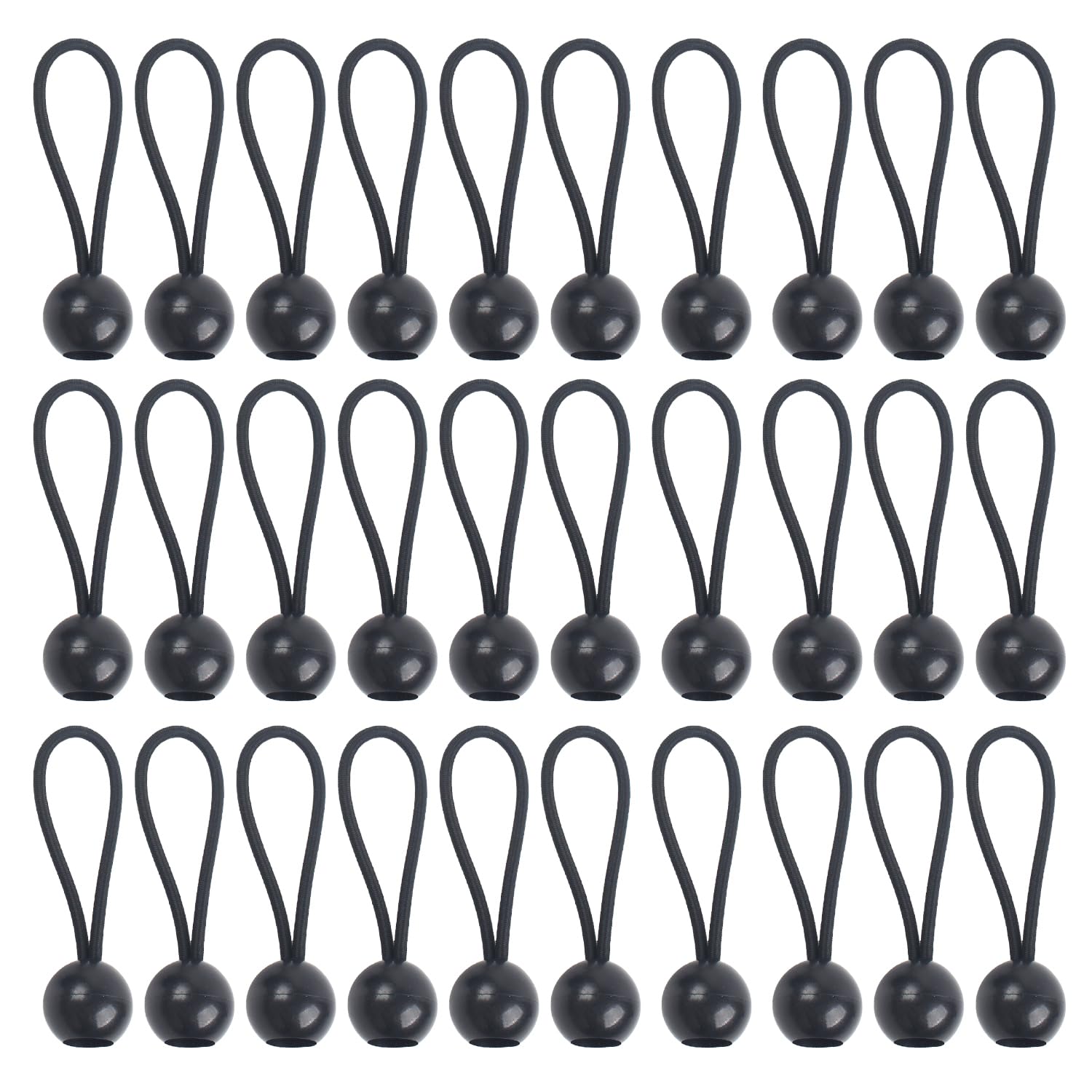 Verazquy 30Pcs Bungee Balls Cords, Black Tarpaulin Bungees Flag Ties, UV Resistant Elastic Tie Downs for Marquee Canopy, Tent Pole, Awning, Cargo Securing.