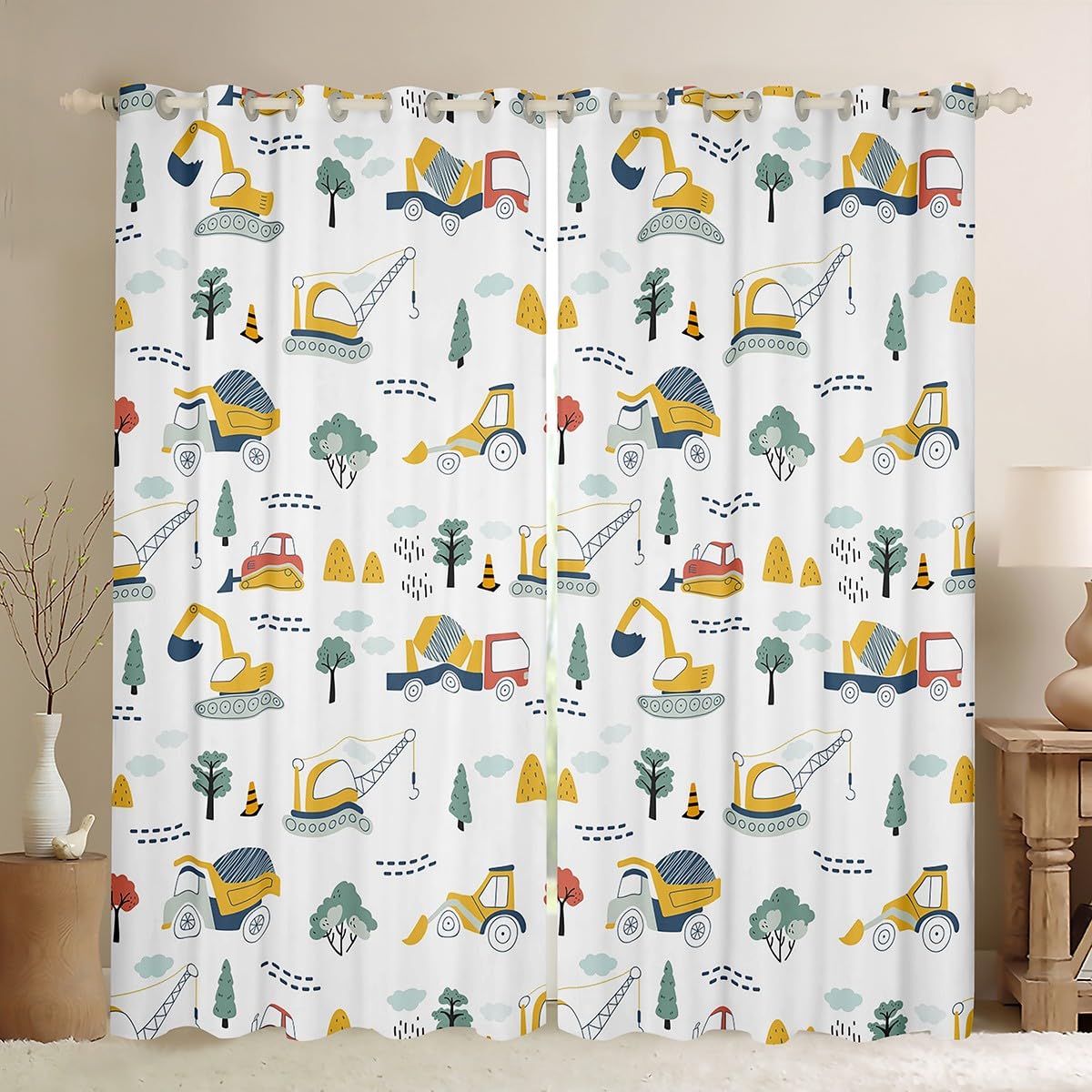 Homemissing Cartoon Car Darkening Dreapes Construction Vehicles Curtains for Bedroom Living Room Kids Boys Decor Excavator Blackout Curtains Equipment Trucks Window Treatments W46*L72
