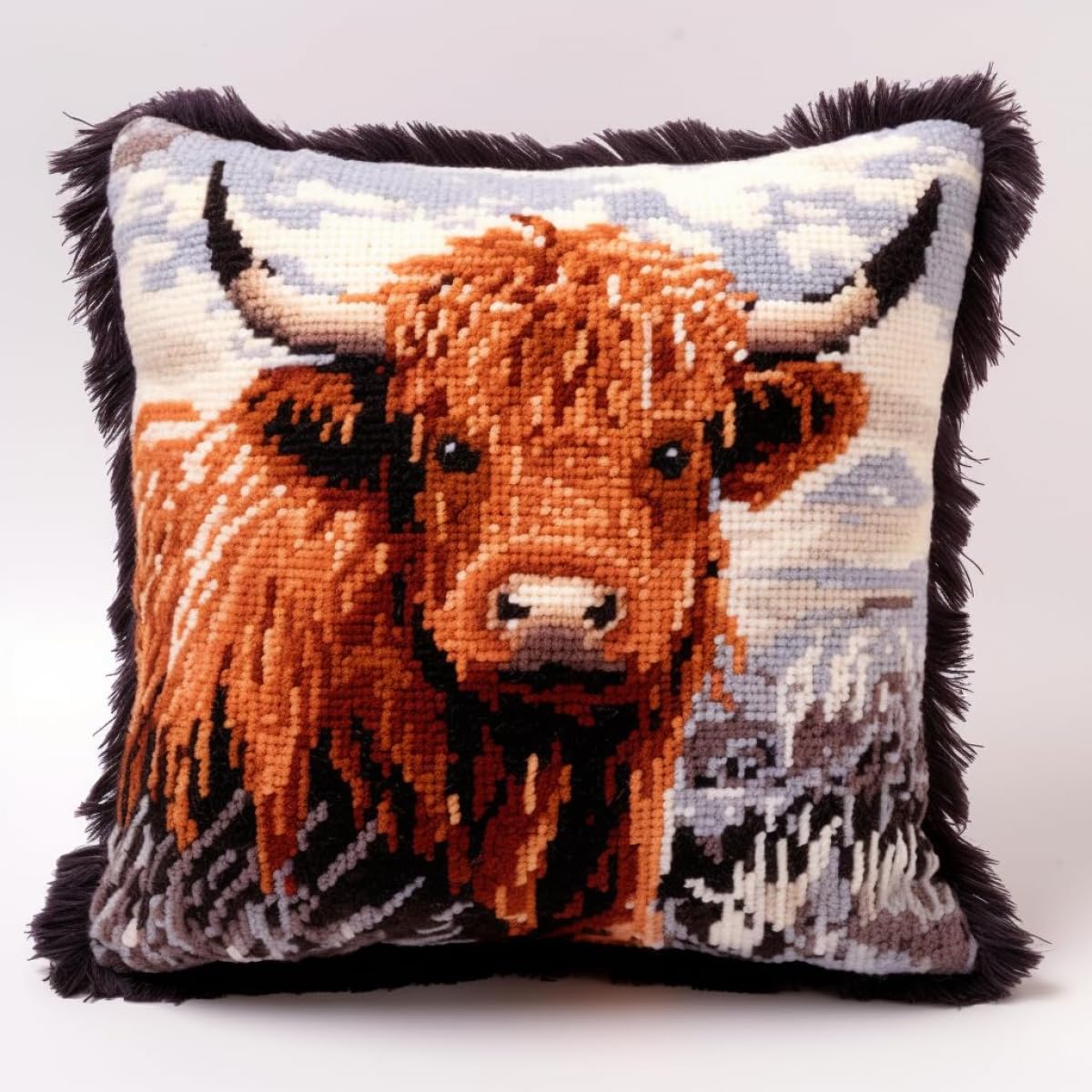 Taxpy DIY Latch Hook Kit Cushion Highland Cattle DIY Throw Pillow Cover Animal，Sofa Cushion Cover with Printed Canvas for Beginners Kids Adults 17X17In B