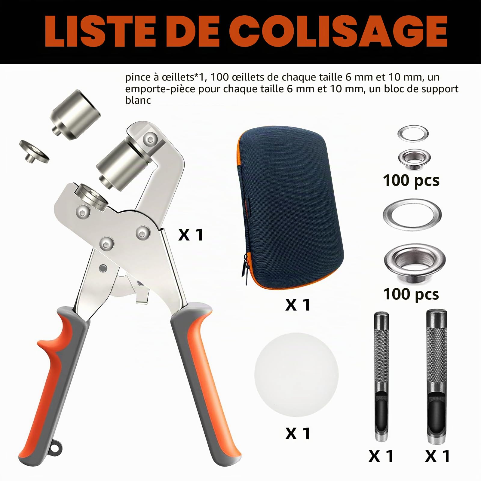 HAPDEN Oeillets Métalliques Kit 6mm et 10mm, Pince à Oeillets pour Bâches et Tissus, set d'oeillets pour Bâches avec 200 Oeillets et Kit d'outils