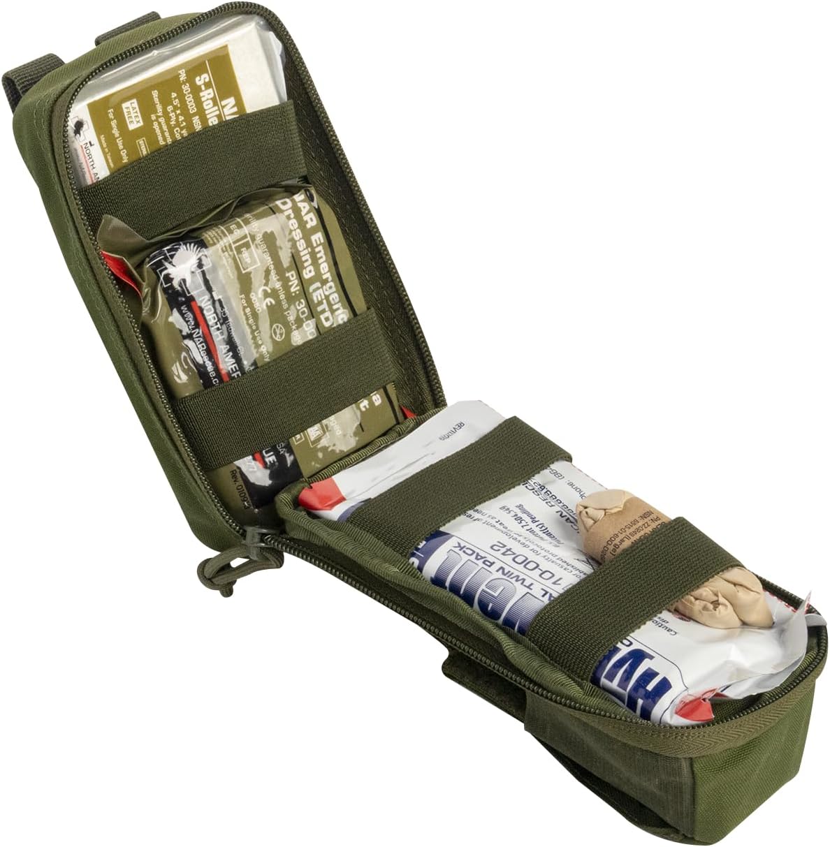 North American Rescue ROO M-FAK Kit (OD Green) NAR Mini First Aid First Responders MOLLE MFAK Trauma Kit with C-A-T Tourniquet, HyFin Vent Chest Seals, 4" Flat ETD (80-1051)