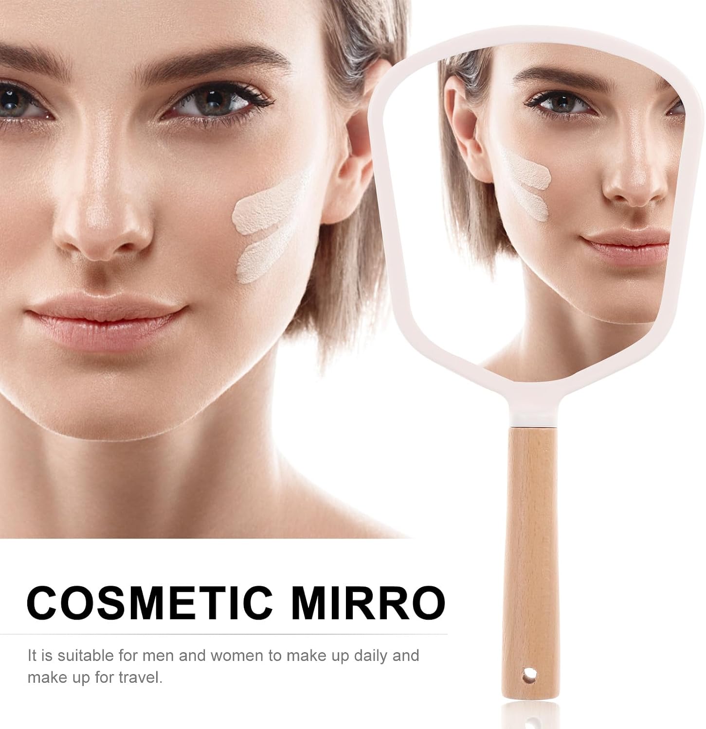 Portable Solid Wood Handheld Makeup Mirror White Elliptical Cosmetic Mirror Travel Vanity Accessory