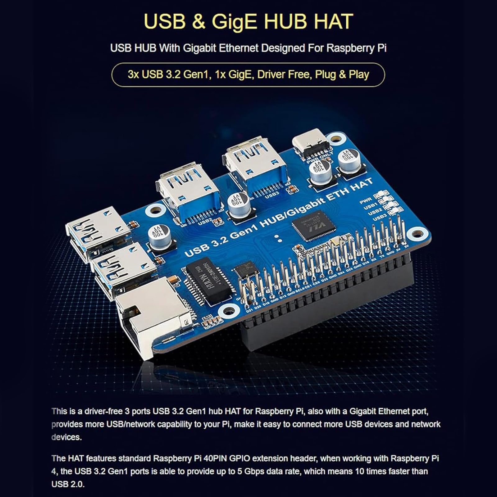 Amazon.co.jp: Yeselino 3ポート USB 3.2 Gen1 拡張ボード RaspberryPi4 4B/3B+/3B/2B  ドライバーフリー 高速データ転送 5Gbps USB3.2 Gen1 電源 USBアダプター 拡張ハブ : パソコン・周辺機器