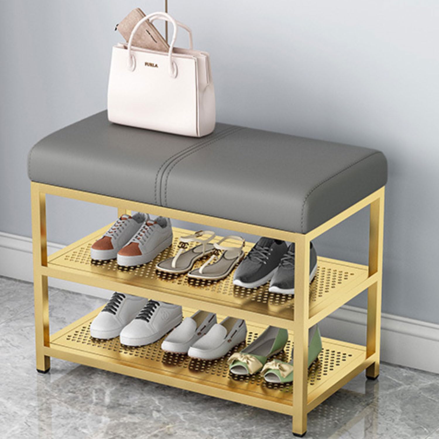 SXZenSpace Upholstered Shoe Storage Bench, Changing Bench Sofa Metal Rack Entrance for Living Room, Balcony, Hallway