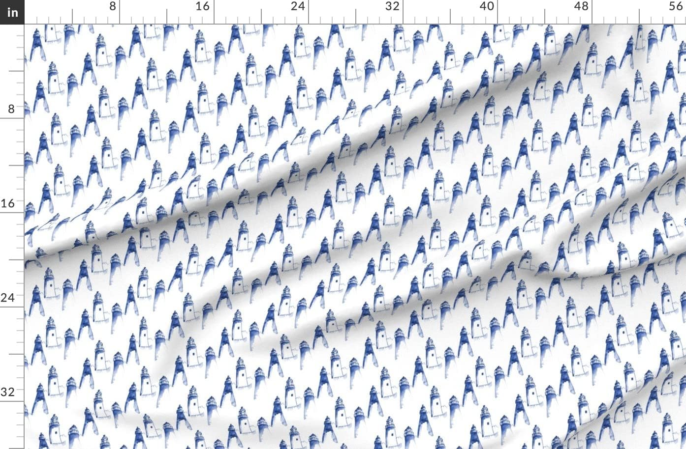 Spoonflower Fabric - Nautical Indigo Blue Lighthouse White Light House Ocean Water Printed on Organic Cotton Sateen Fabric by The Yard - Sewing Quilting Apparel Home Decor