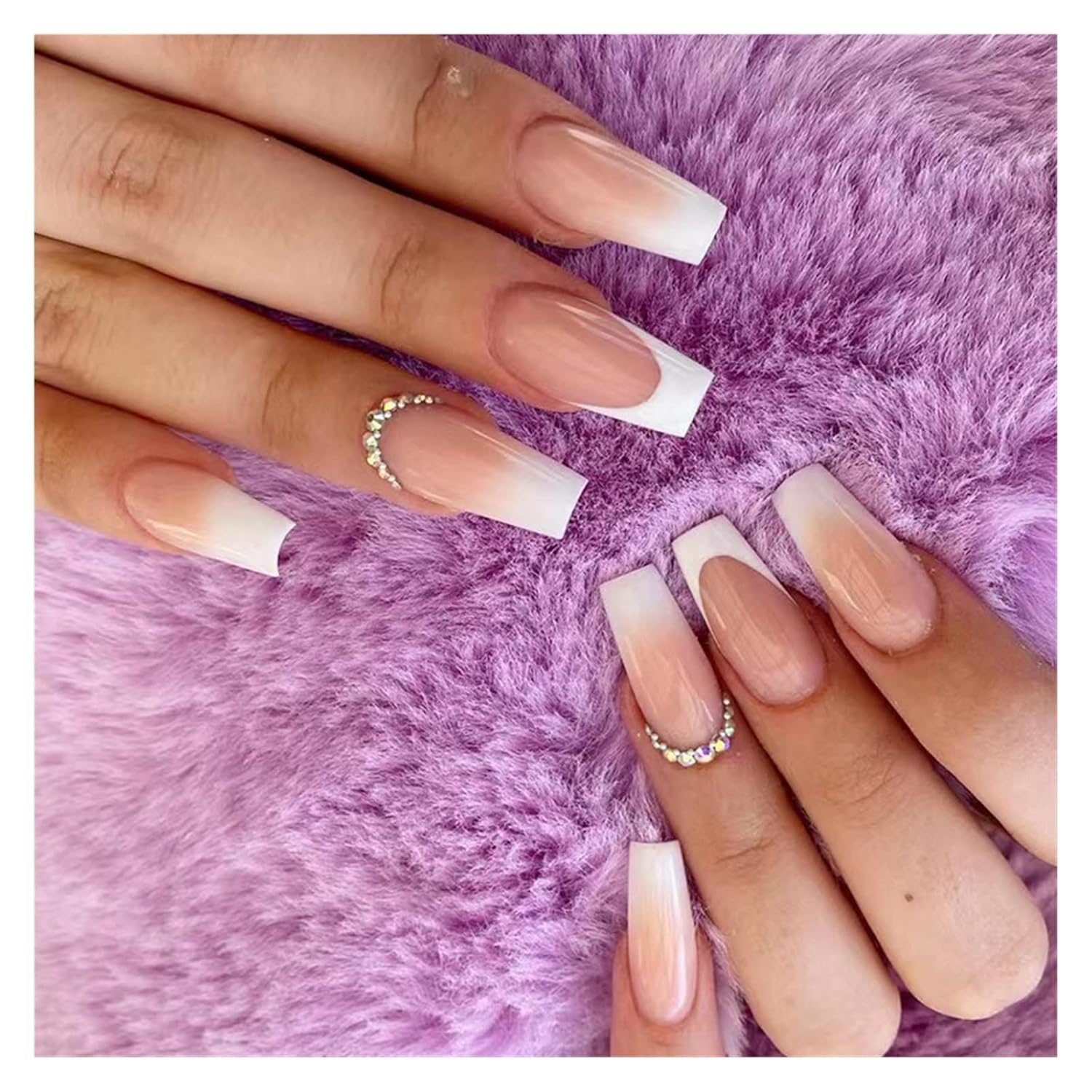 GeRRiT 24Pcs Pink French Fake Nails Long Ballet Rhinestone Design False Nails Press On Full Cover Acrylic Nail Tips Manicure Set Korea DIY Cream Luxury Summer Skirt Vintage Elegant