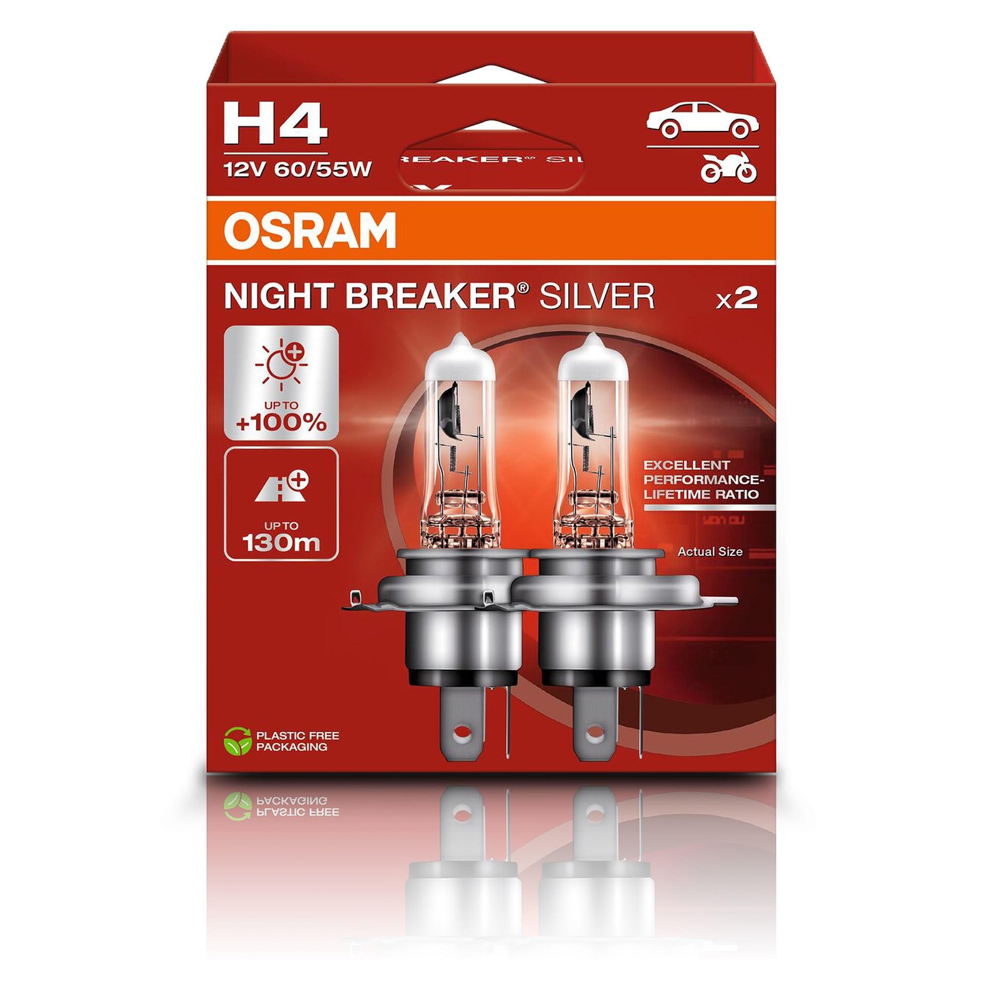 OSRAM NIGHT BREAKER® SILVER, H4, halogen headlight lamps, Hanging folding box (2 lamps)