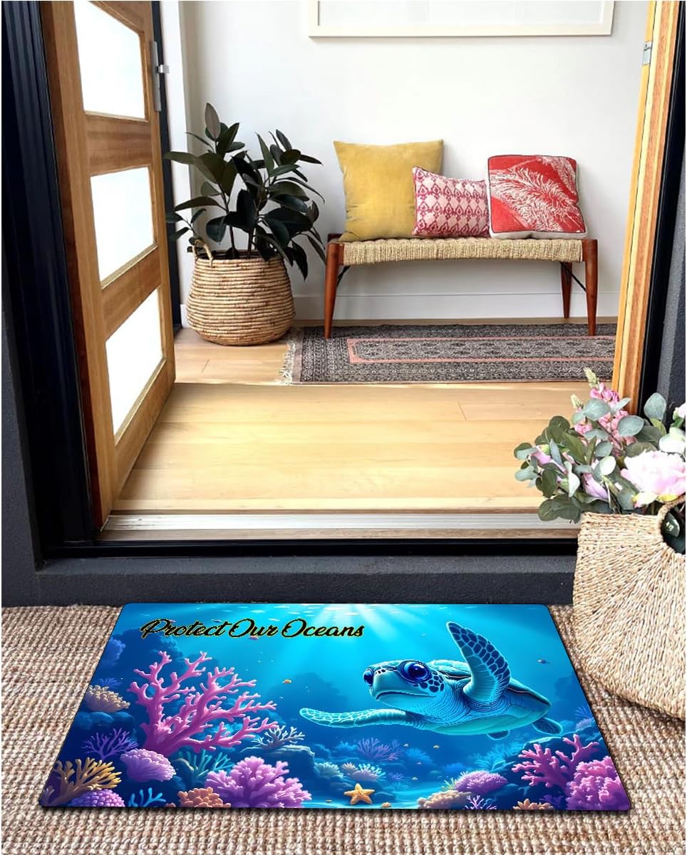 Funny Welcome Doormat Home Decor Rugs with Rubber Back (18 x 30)inch Eco-Friendly Ocean Turtle Protect Our Oceans Doormat For Entrance Way Indoor Front Porch Mats Front Door No Slip Kitchen Mats
