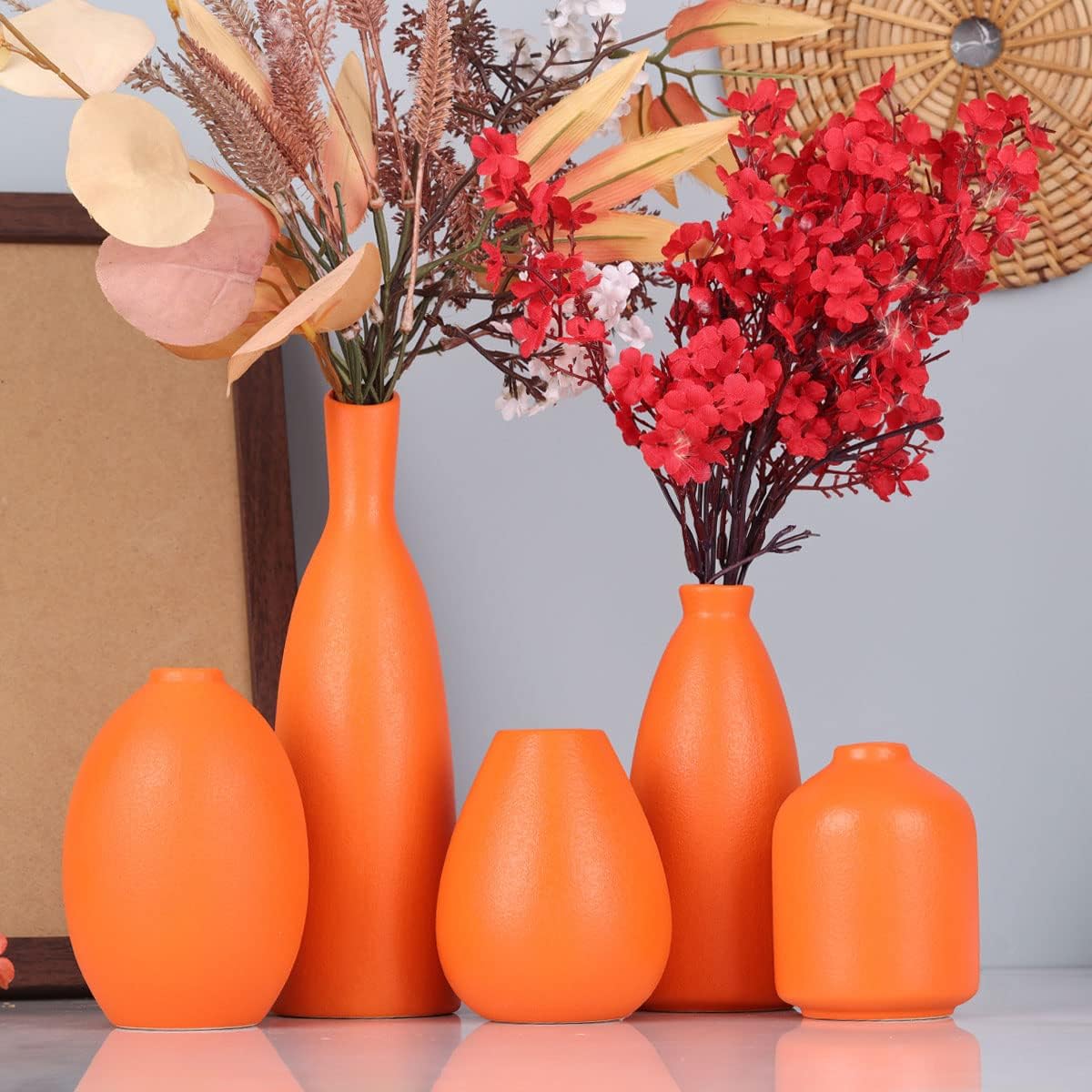 Orange Ceramic Small Vase Set of 5 - Modern Orange Decor Small Bud Vases for Floral Arrangements, Centerpieces for Weddings, Dinner Parties, Table Settings, Foyer, Bathroom Decorations - Image 4