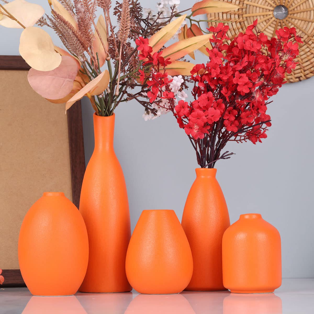 Juego de 5 jarrones de cerámica naranja, decoración de granja, decoración de chimenea, decoración de manto y estante, decoración del hogar para sala de estar, entrada, baño, cocina y oficina,