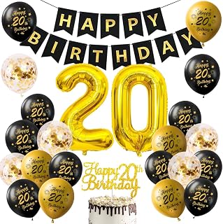 Deko 20. Geburtstag, Partydekorationen zum 20. Geburtstag in Schwarz und Gold, Luftballons zum 20. Geburtstag in Schwarz und Gold, Fotodekorationen zum Geburtstag, unisex.