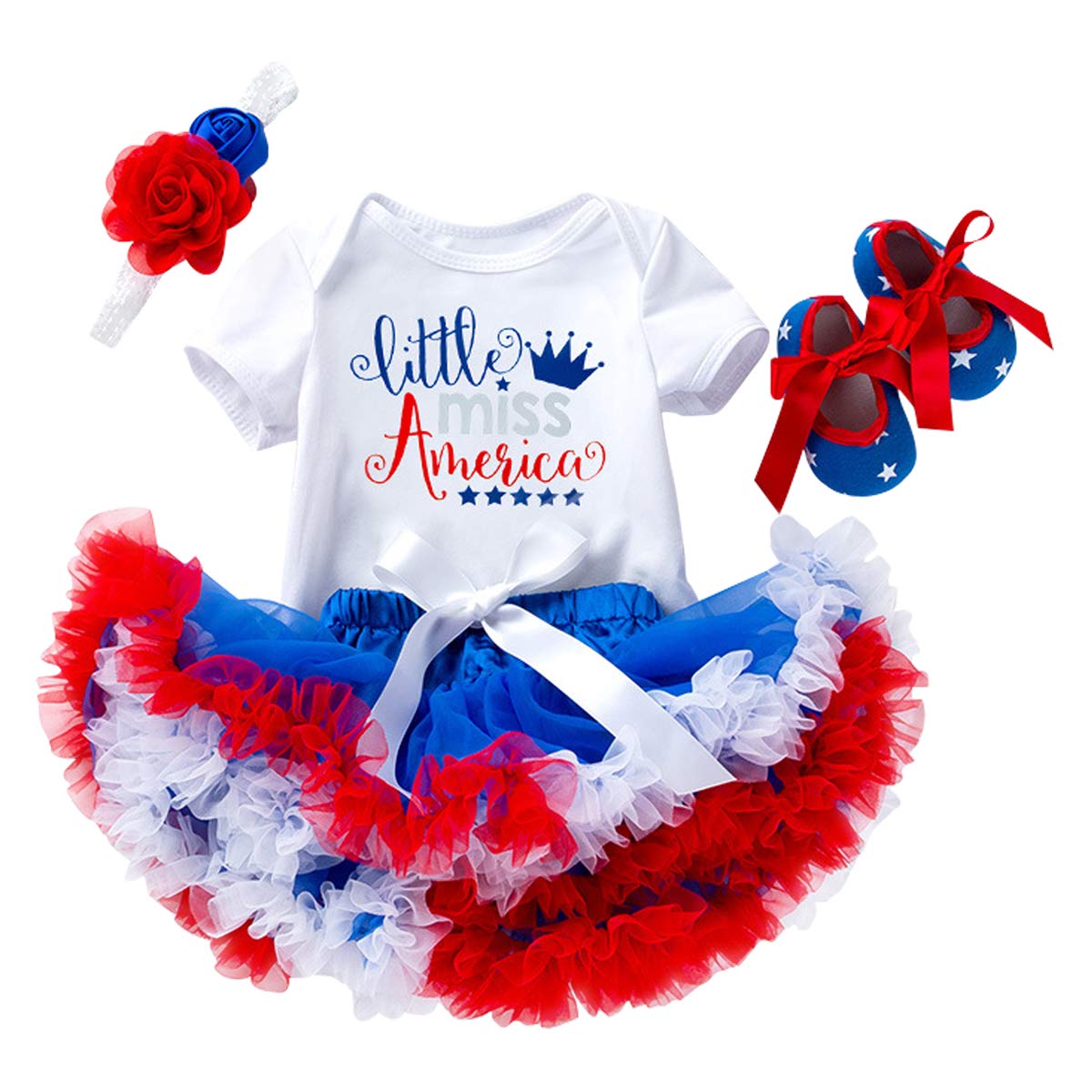 4th of July Baby Girl Birthday Outfit American Flag Romper+Ruffle Tulle Skirt+Headband+Shoes Independence Day 4pcs Set