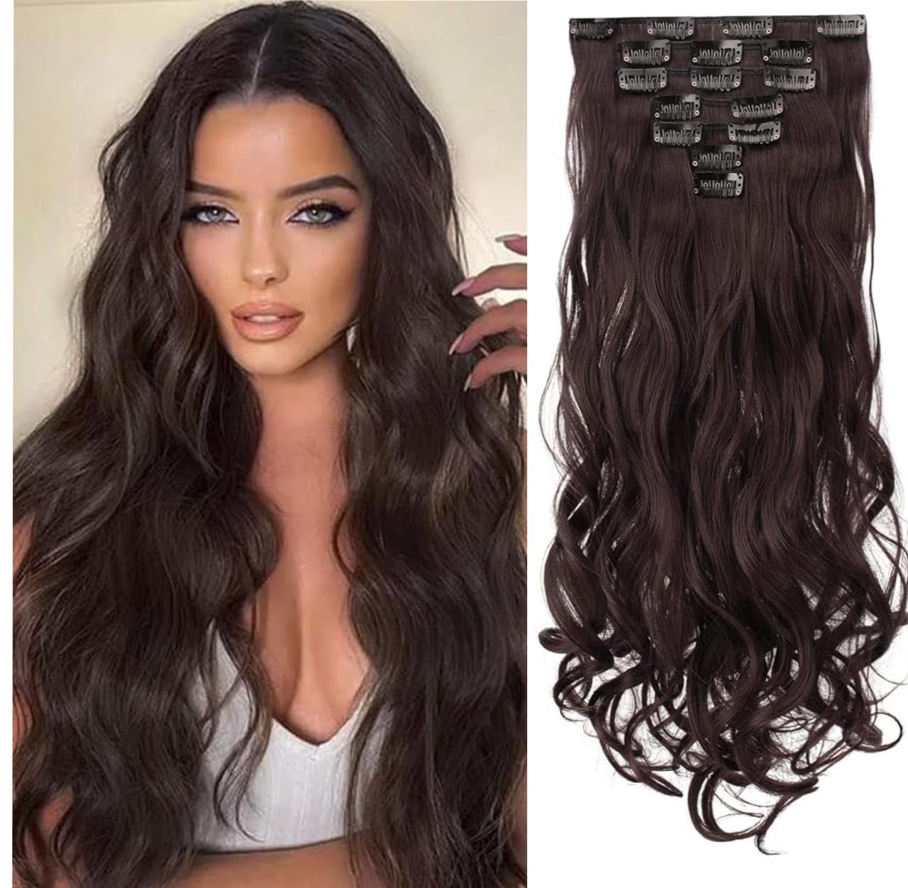 7 PCS/Set 16 Clip Hair Extensions for Women, Thick Double Weft Wavy Soft Hair & Blends Well Long Hairpieces(24inch Long, Brown Color)