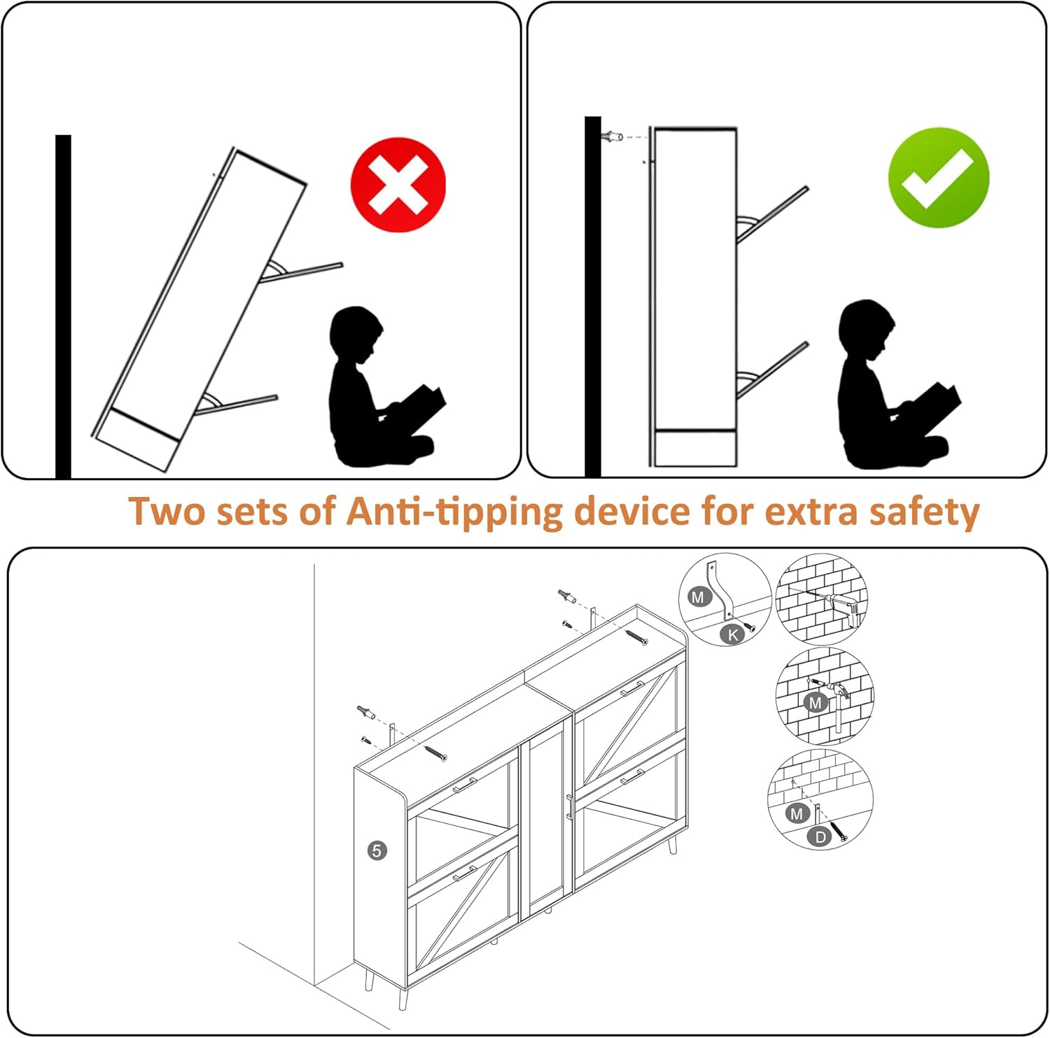 Illustration demonstrating the installation of the anti-tipping device for the shoe cabinet, showing how to secure it to the wall to prevent tipping.