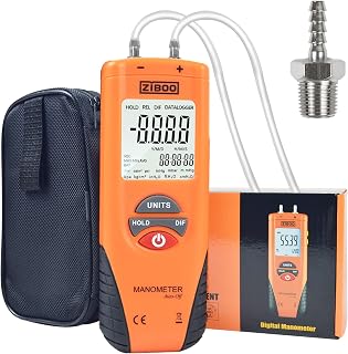ZIBOO ET1013 Digital Manometer, Air and Gas Pressure Tester, Differential Dual Port Pressure Gauge, Large LCD Display with Backlight,HVAC Gas Pressure Tester
