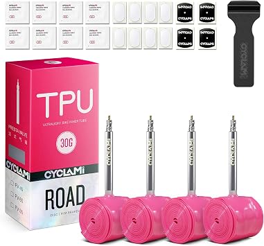 4-Pack CYCLAMI TPU Inner Tube 700C, Ultralight 30g Road Bike Tube Compatible with 700x18/23/25/28/30/32C Metal Presta Valve 45mm -TPU Road Bicycle Tire 28 with a Multi-Functional Tire Pry Bar