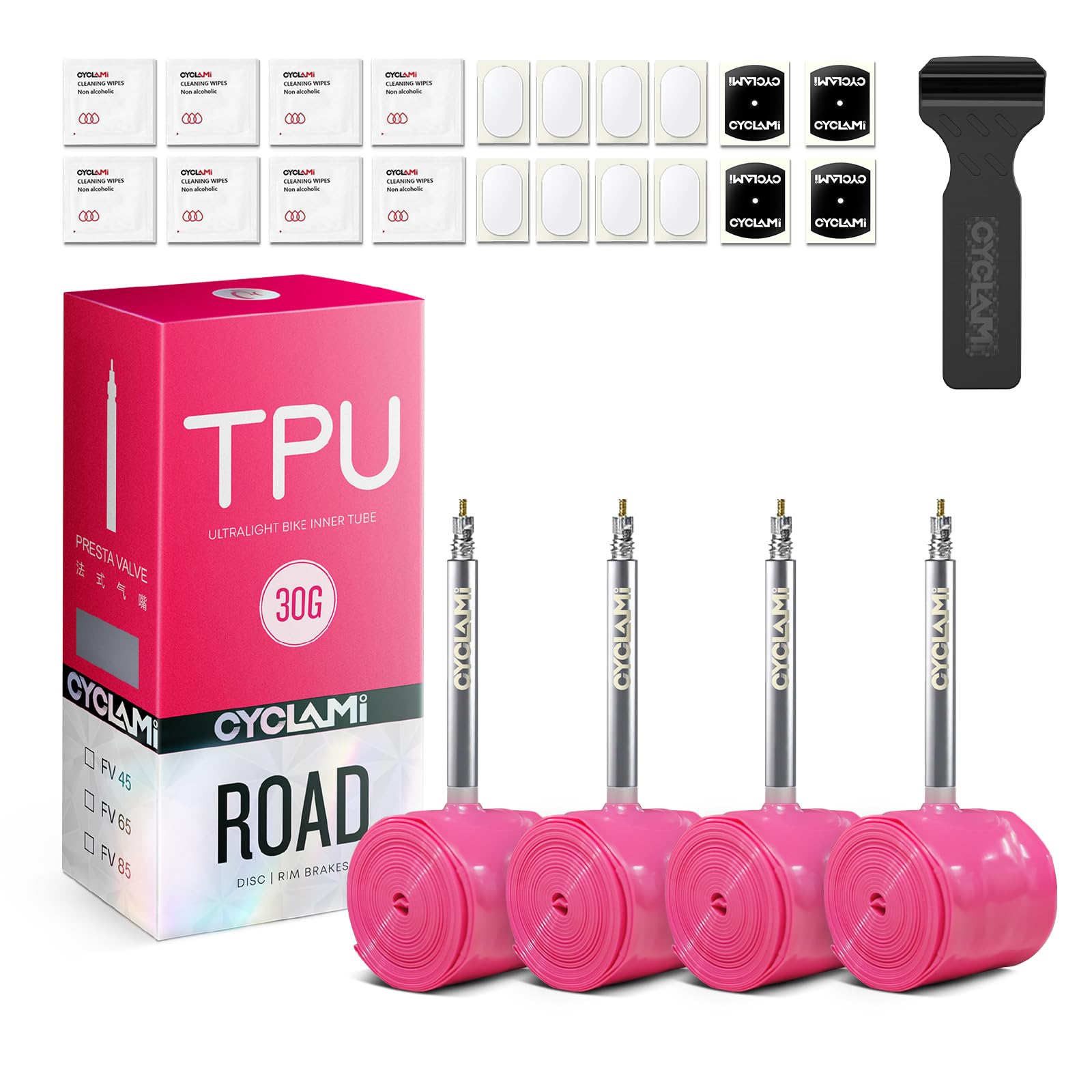 Lot de 4 chambres à air en TPU 700C, ultra légères 30 g compatibles avec valve Presta en métal 700 x 18/23/25/28/30/32C 45 mm – Pneu de vélo de route en TPU 71,1 cm (avec une barre de levier