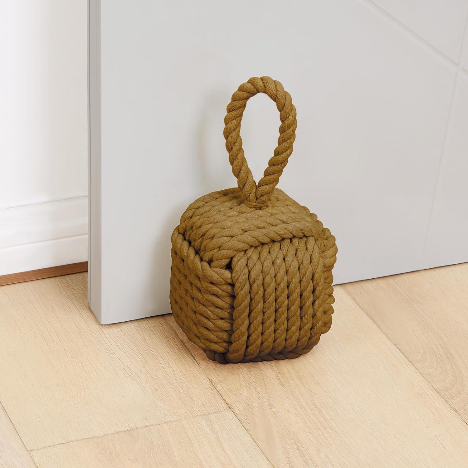 2Pack Decorative Door Stoppers - Cute Rope Knot Design, Heavy Duty Weighted Doorstop with Inside Mount for Home & School, Khaki