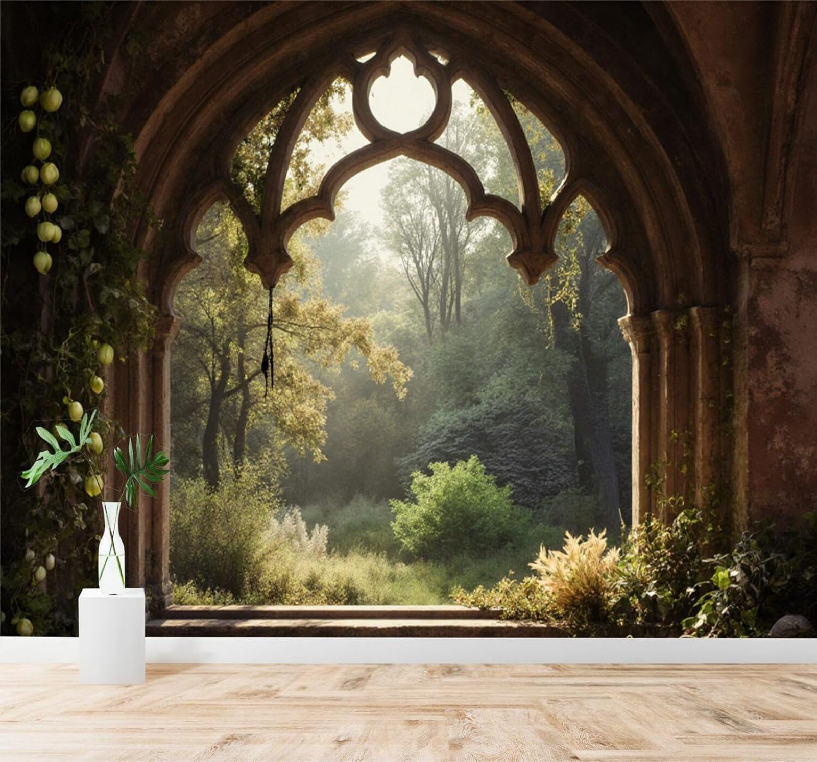 XLMING Arched Window Sunlight Forest Green Garden Landscape 3D Wallpaper Silky Texture Home Study Office Grey Dining Room Sofa Bedroom Living Room TV Backdrop-250cm×170cm