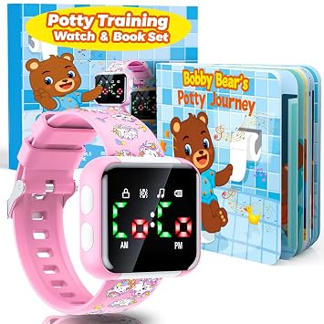 Potty Training Watch and Board Book for Toddler Girls Adjustable Volume Potty Watches for Kids Water Resistant Toilet Timer Alarm Unicorn Toddler Watch Gifts for 1 2 3 4 5 Year Old Girl Pink