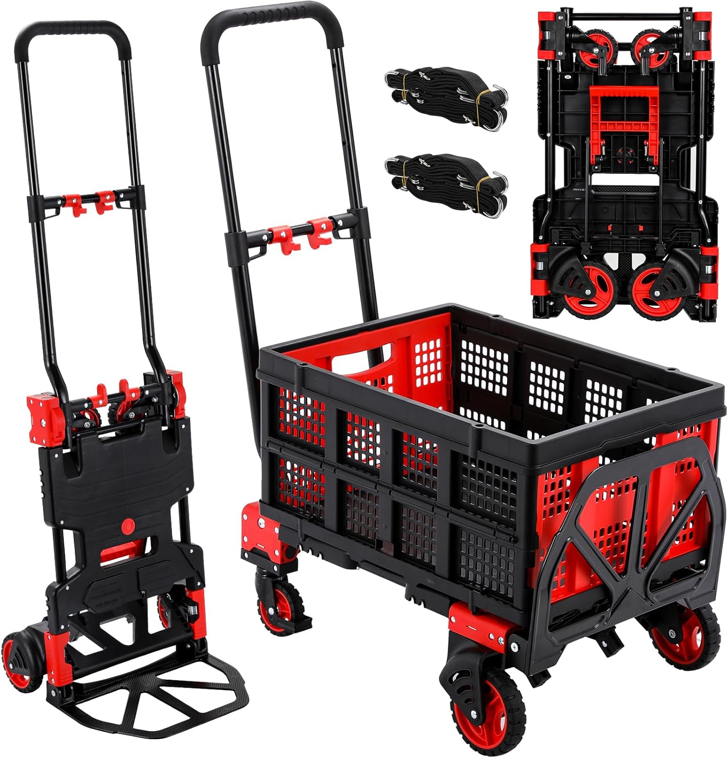 2 in 1 Hand Truck Dolly Foldable with Basket, 330LBS Capacity Collapsible Cart with Wheels for Moving, Luggage Platform Cart with Retractable Handle, Office, Warehouse, Supermarket (Red)