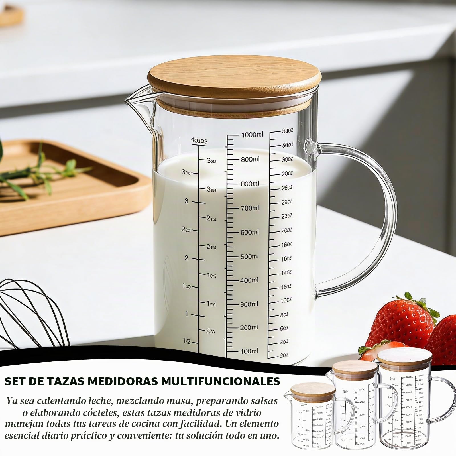 Juego de 3 vasos medidores de cristal con tapa, mango, 350 ml, 500 ml, 1000 ml, tazas de medición de vidrio de borosilicato, resistentes al calor, con escala precisa para cocina y hornear