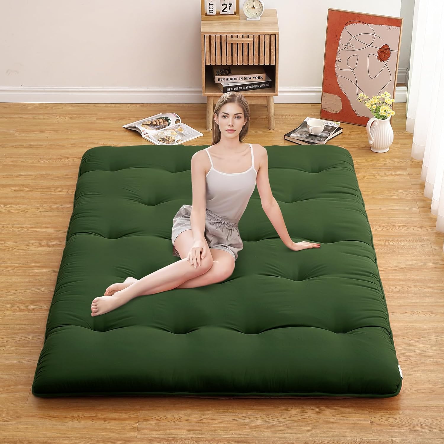 ROYGROW Futon Mattress Full Size 54" x 80", Japanese Floor Mattress Tatami Mat Foldable Floor Mattress for Sleeping, Roll Up Mattress Portable Floor Bed for Camping RV Travel, Army Green