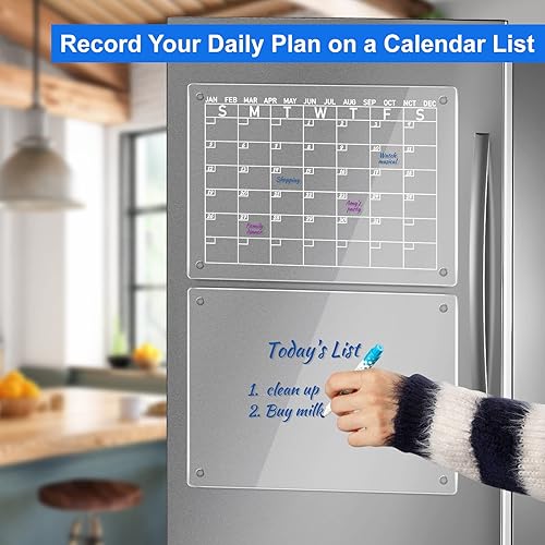 Miniatura 4 de Calendario magnético acrílico de borrado en seco para refrigerador, paquete de 2 tableros de calendario transparente para refrigerador, incluye 8