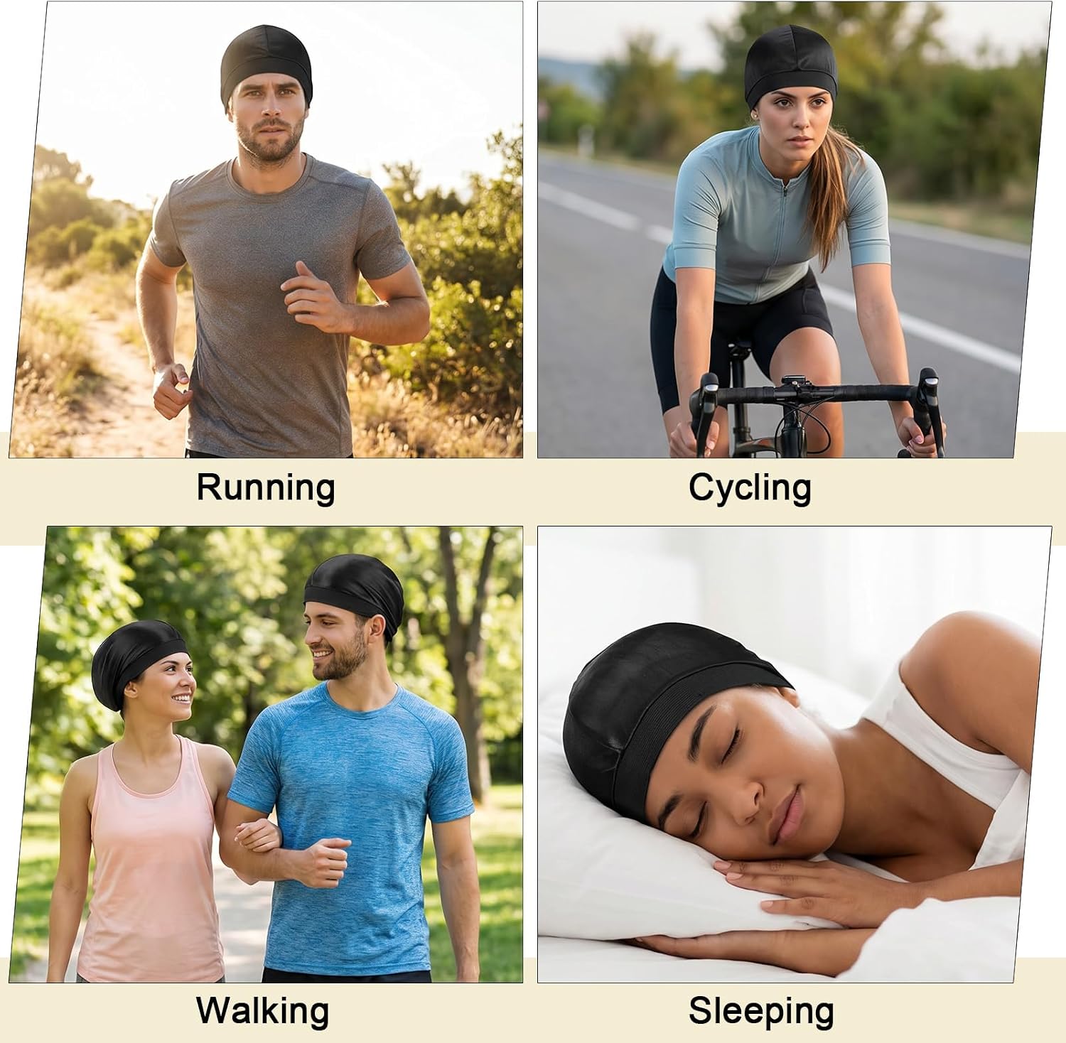 2PCS Satin Skull Cap Wave Cap for Men Black | Black Satin Lined Skull Caps for Sleeping Sport Outdoor Cycling
