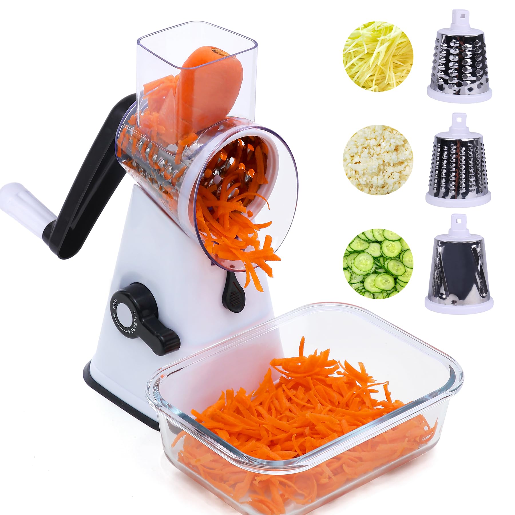 Cheese Grater Hand Crank, 3 in 1 Rotary Cheese Grater with Handle for Vegetables, Fruit, Nuts, Easy to Use Vegetable Chopper, Kitchen Gadgets, Cheese Shredder, kitchen appliances (White