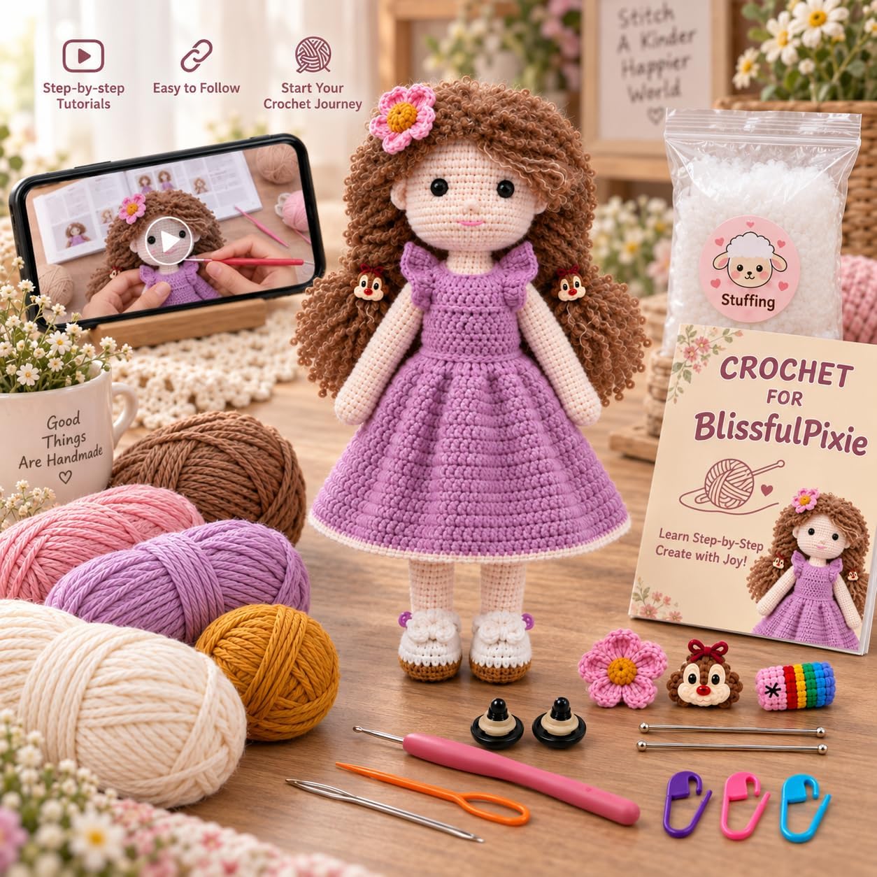 BlissfulPixie Waldorf Amigurumi Crochet Kit for Beginners, DIY Amy Doll with Purple Dress, Complete Yarn and Pattern Set, Craft Gift for Adults