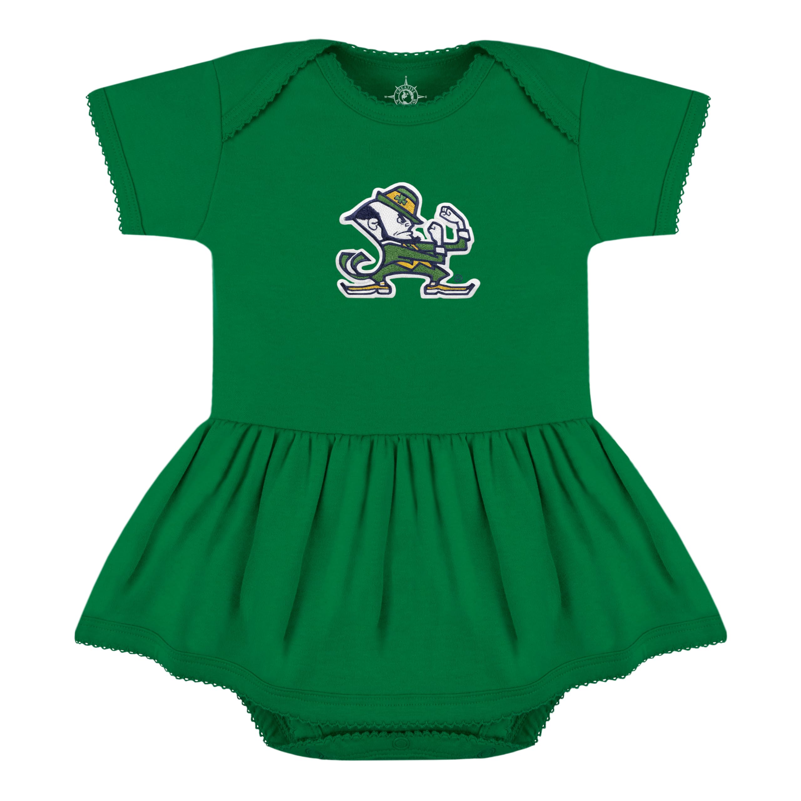 Creative Knitwear College Baby Picot Bodysuit Dress - Notre Dame Fighting Irish Leprechaun Logo - Kelly - 18 Months
