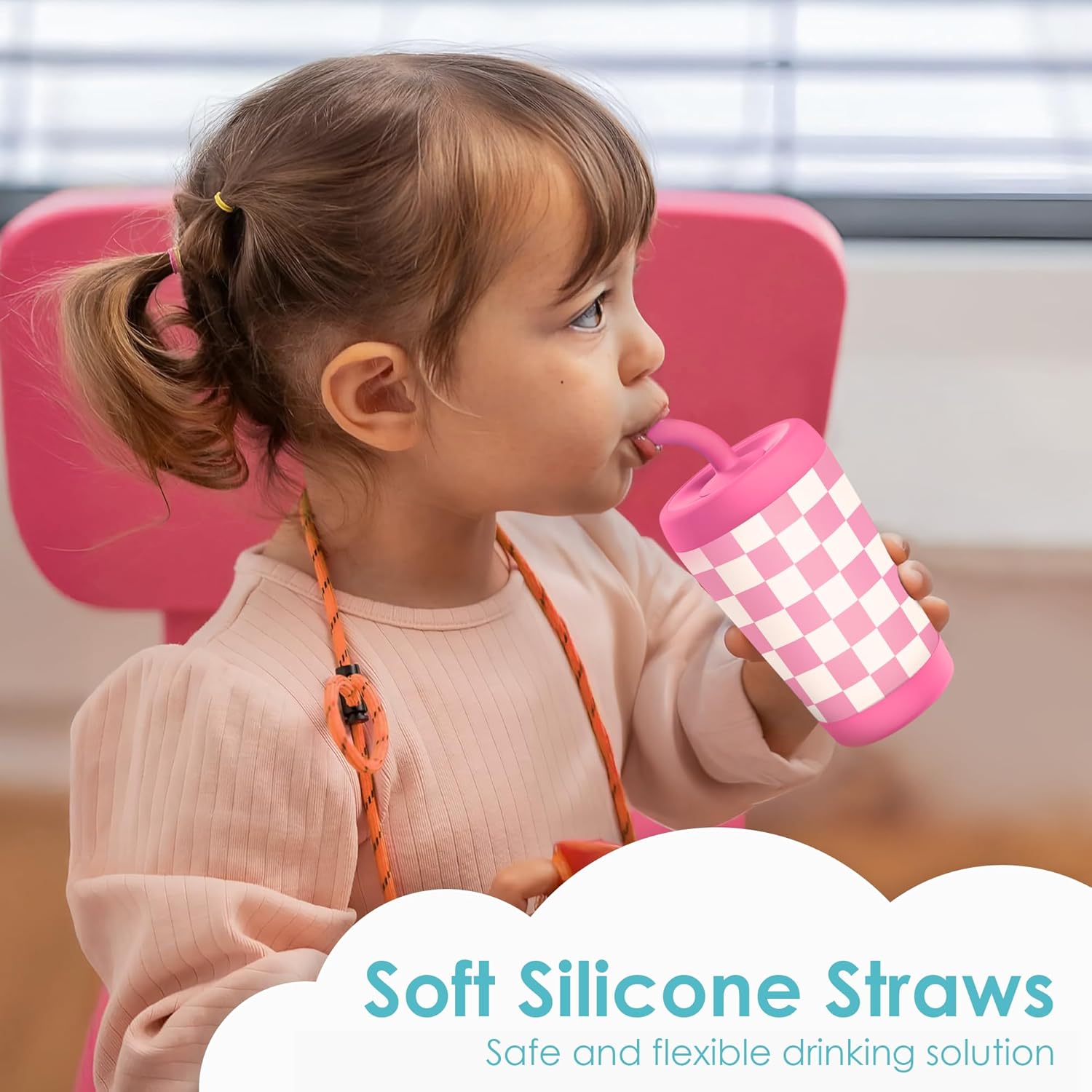 Kid Insulated Stainless Steel Tumbler with Silicone Straw, 12oz Sippy Cup for Kids (Pink Checkerboard) - Image 5