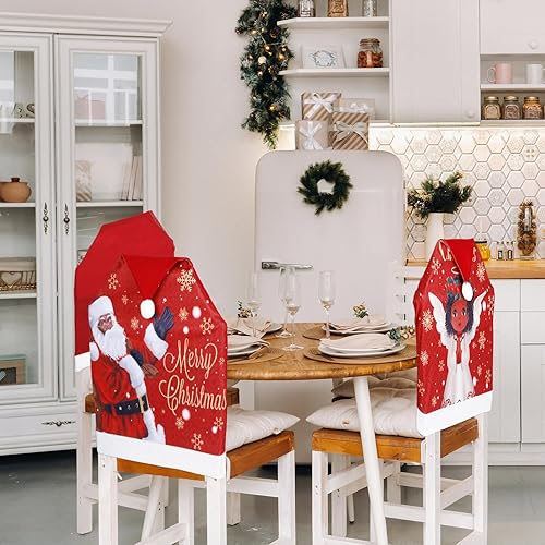 Miniatura 4 de 6 fundas para sillas de Navidad, decoración de Papá Noel, sombrero rojo, negro, Papá Noel, estilo ángel africano, funda para silla, cubierta