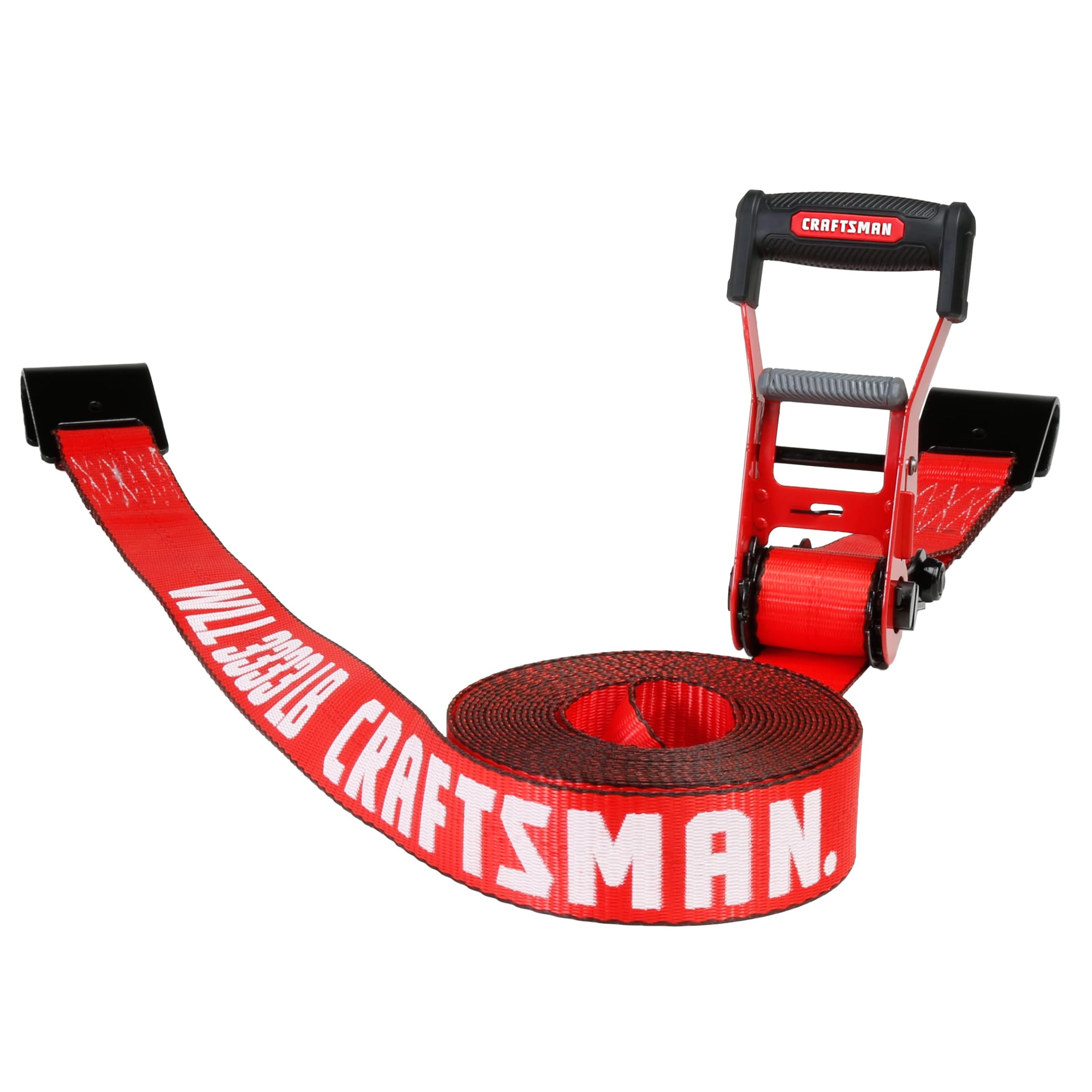 CRAFTSMAN CMXAZBS10000F Sangle d'arrimage à cliquet de 5,1 cm x 8,6 m avec Crochet Plat – Robuste/résistante à la Rupture de 4,5 kg, Noir/Rouge