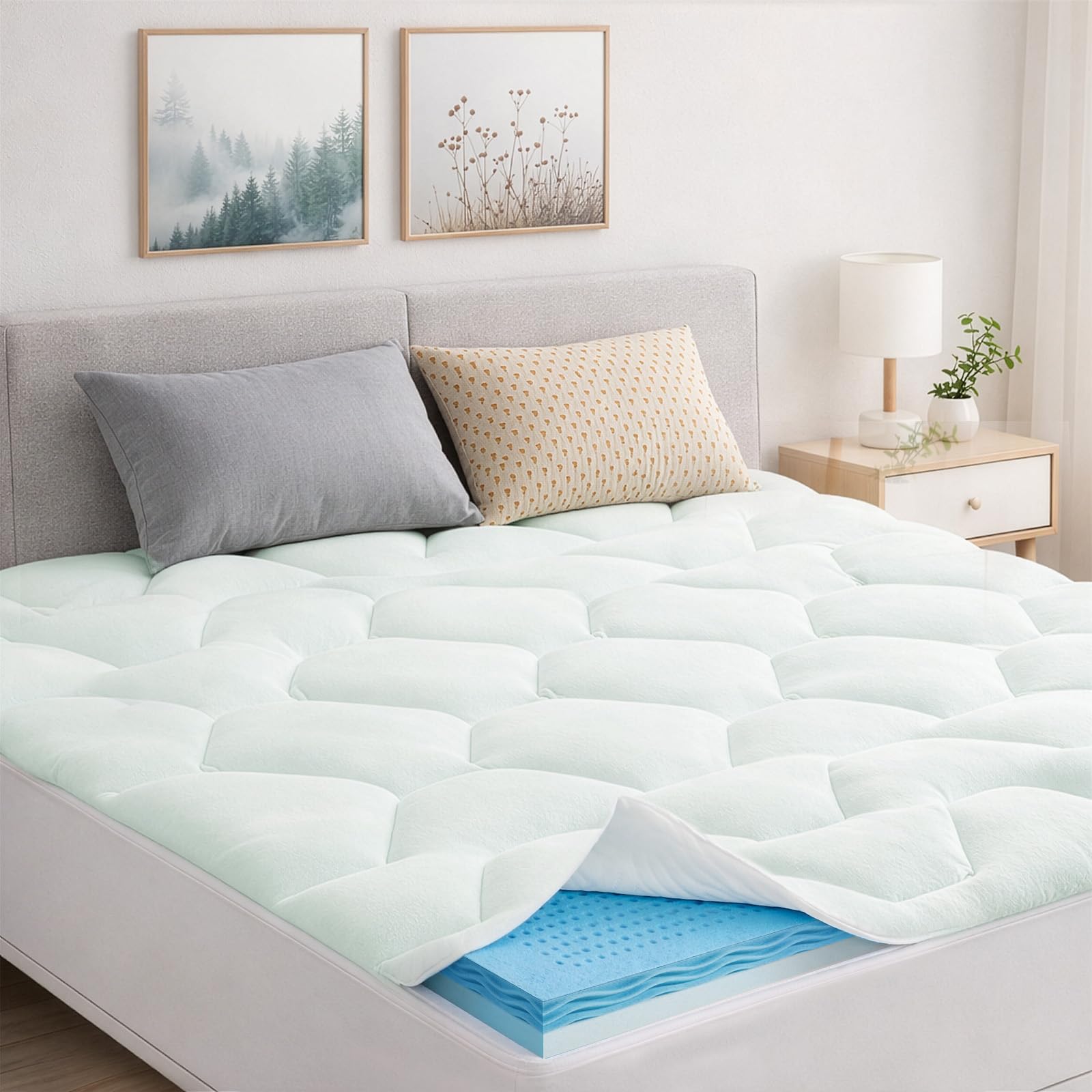 Greenwhim White Single Memory Foam Mattress Topper With Cooling Gel, Breathable Mattress Pad With Extra Deep Pocket, Soft Supportive Mattress Cover 90×190×3Cm,