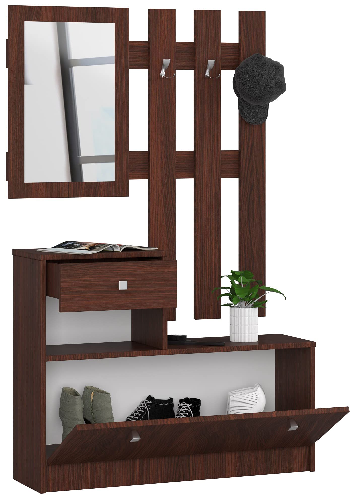 Set Guardaroba Per Ingresso 2 Pezzi - Scarpiera E Appendiabiti Con Specchio In Rovere