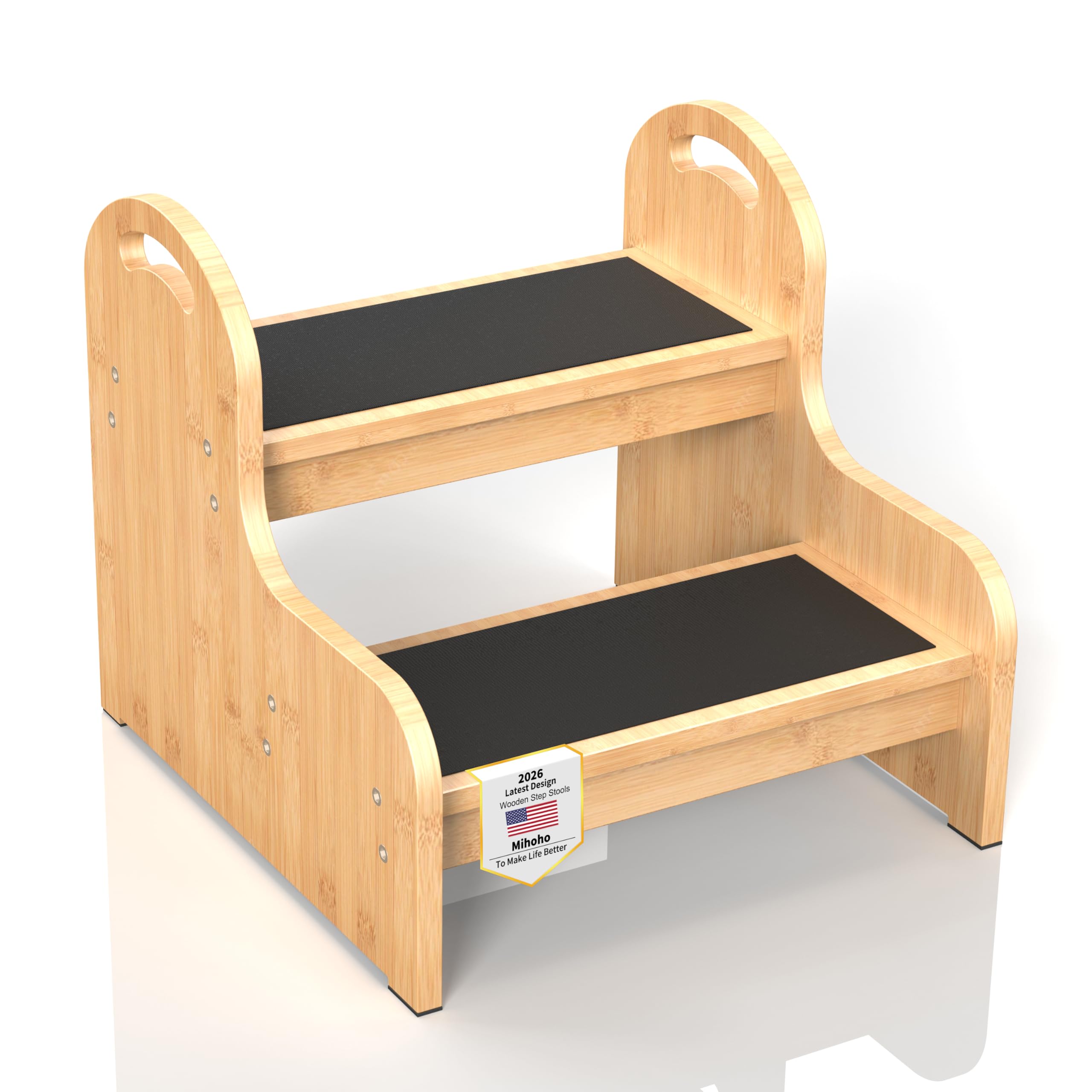 2 Step Wooden Step Stools for Adults Kids, Non-Slip Heavy Duty 2-Step Ladder, Toddler Stepping Stool for Bathroom Sink/Toilet/Kitchen/Bed (Bamboo)