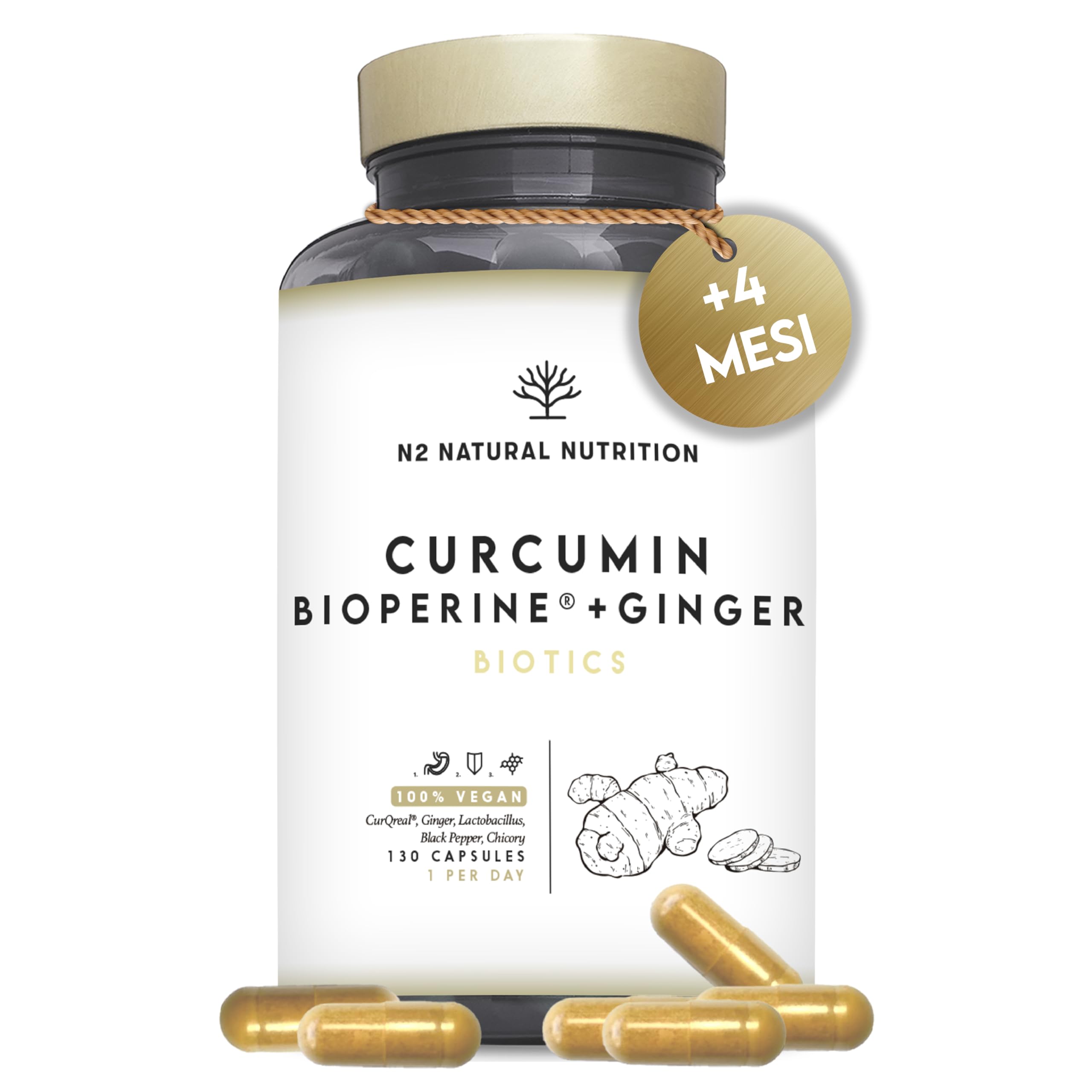 Curcuma con Piperina, Probiotici e Zenzero. 10,000 mg di Curcuma per Capsula (95% di Curcuminoidi). 4 Mesi. Potente azione Antinfiammatoria e Antiossidante. Formula brevettatai N2 Natural Nutrition