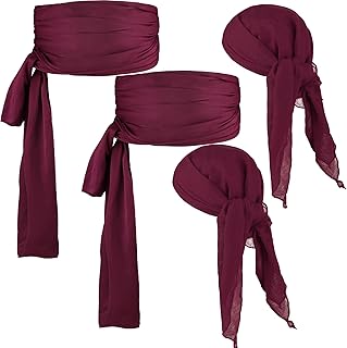 4 Pieces Wine Red Pirate Costume Medieval Renaissance Pirate Bandana and Large Sash Costume Waist Sash Belt Accessory