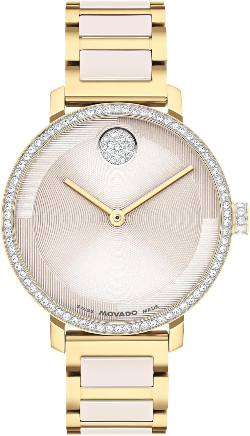 Movado Bold Women's Gold-Plated Crystal-Set Watch - Swiss Quartz Movement, 3 ATM Water Resistant Luxury Timepiece - Gift for Her - 34mm