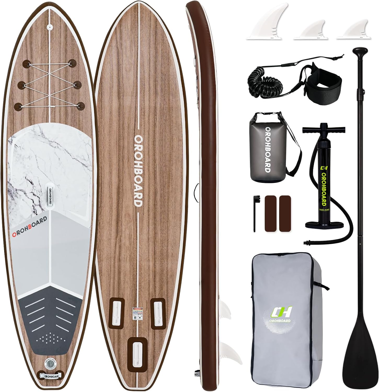 Inflatable Paddle Board, 10'6" x 32" Sup Board with High-Density Brushed Anti-Slip Deck, Double Scratch & Wear Resistance Full-Print Woodgrain Design, All-Around Stand Up Paddle Board